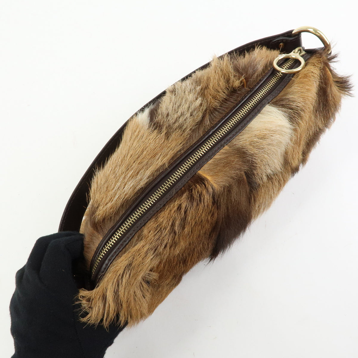 FENDI Fur Leather Shoulder Bag Hand Bag Brown 8BR349