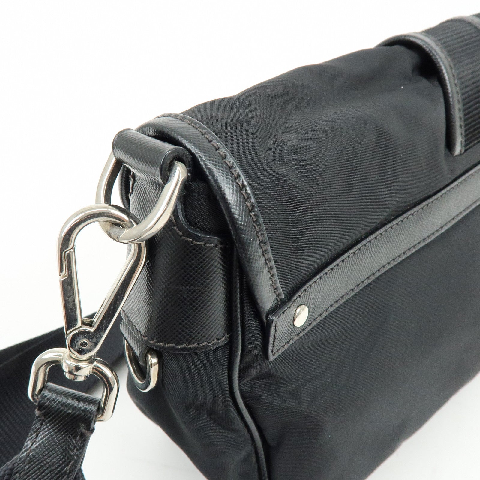 PRADA Triangle Logo Nylon Saffiano Leather Shoulder Bag Black BT0464