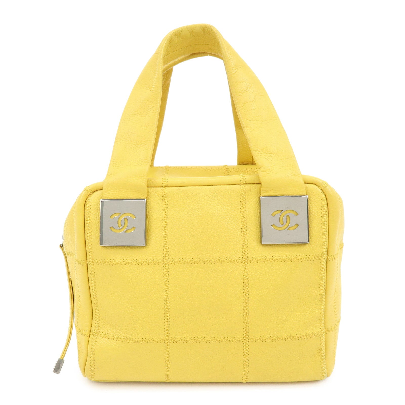 CHANEL Chocolate Bar COCO Mark Caviarskin Boston Bag Yellow A28023
