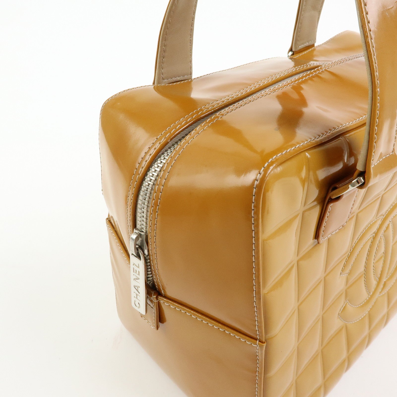 CHANEL Chocolate Bar COCO Mark Patent Leather Boston Bag Hand Bag Camel