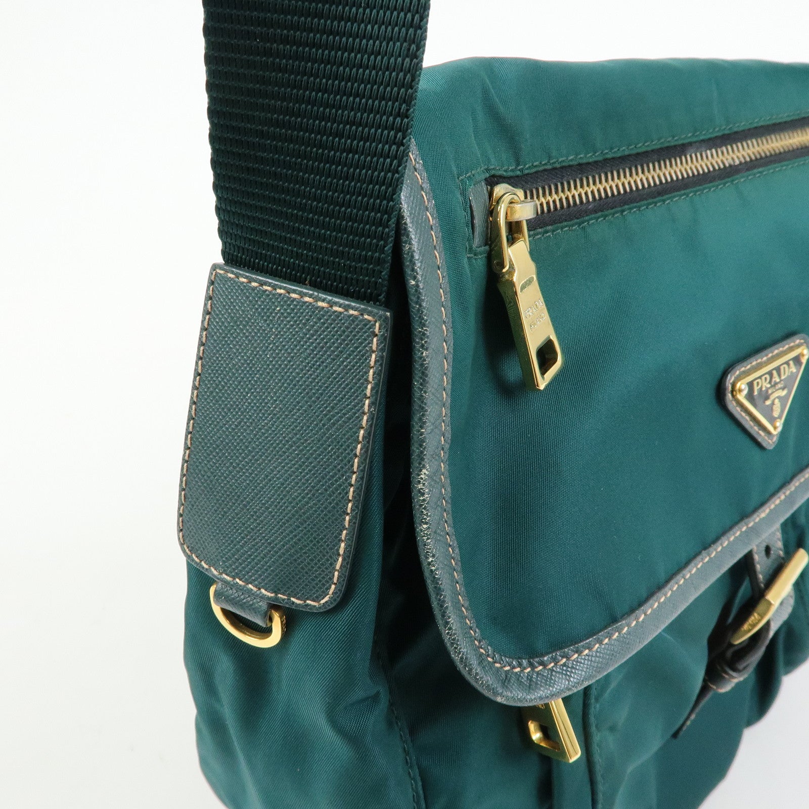PRADA Triangle Logo Nylon Saffiano Leather Shoulder Bag Green