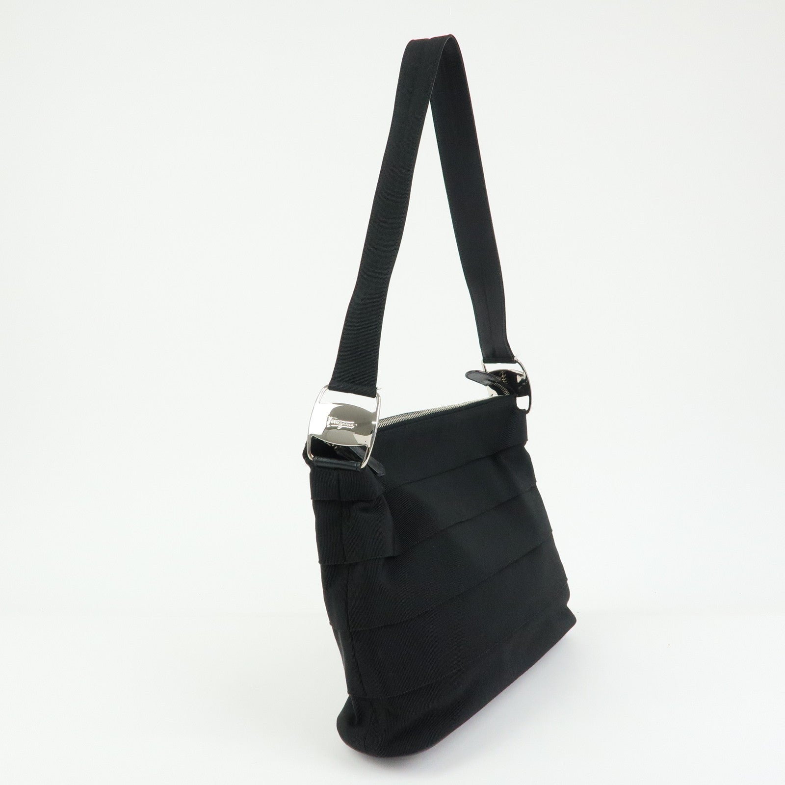 Ferragamo Vara Canvas Leather Shoulder Bag Hand Bag Black