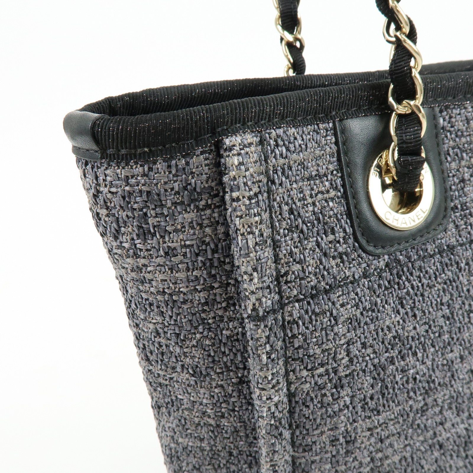 CHANEL Deauville PM Raffia Calf Leather Chain Tote Bag Black A66939