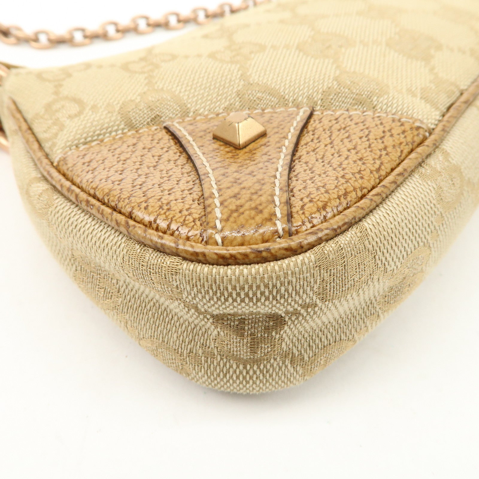 GUCCI GG Canvas Leather Chain Hand Bag Pouch Beige Brown 120940 Used