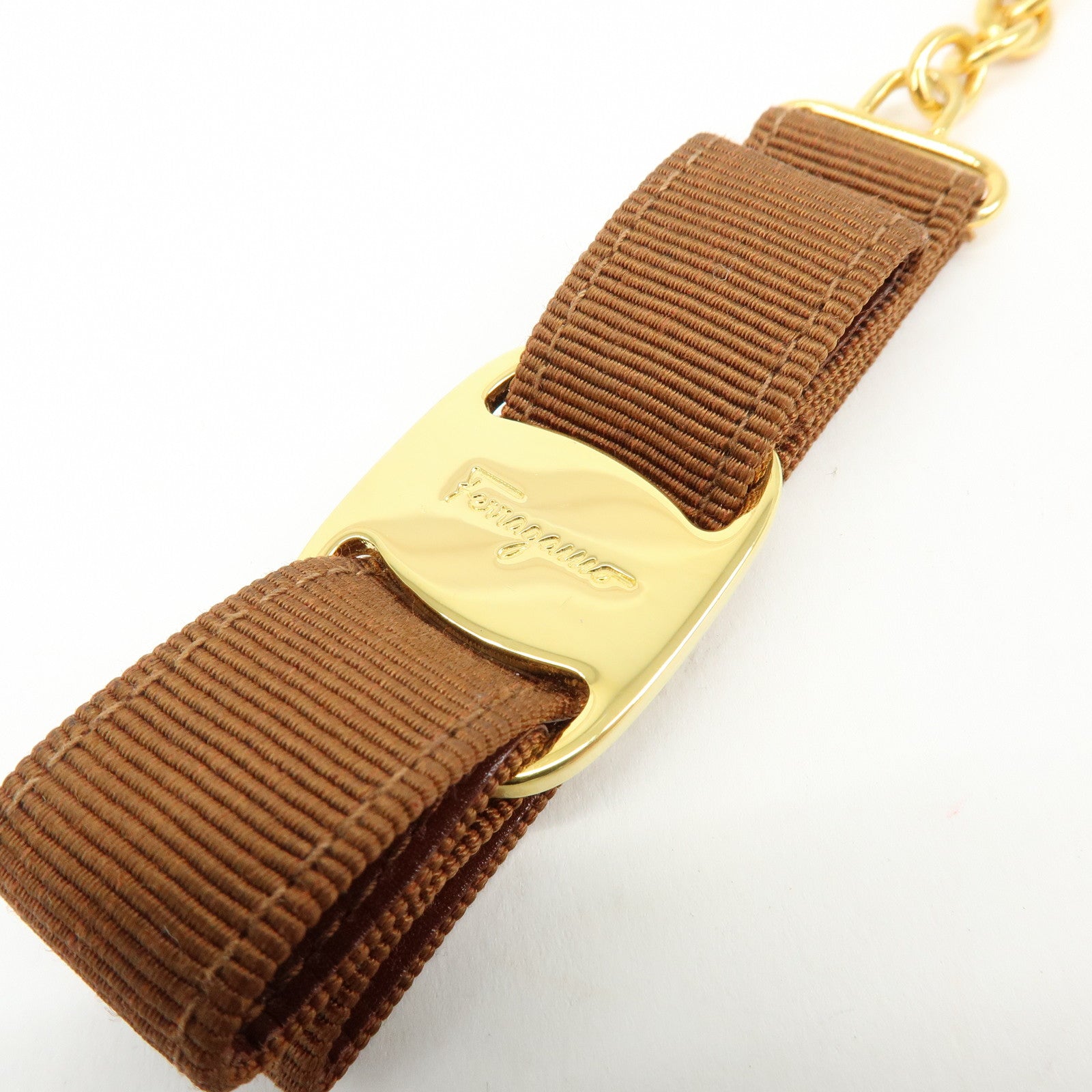 Ferragamo Varra Ribbon Canvas Metal Bag Charm Key holder Brown