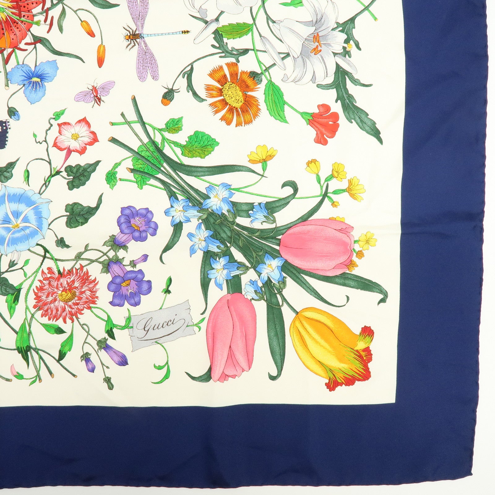 GUCCI Silk 100% Scarf Flower Design White Navy Pink