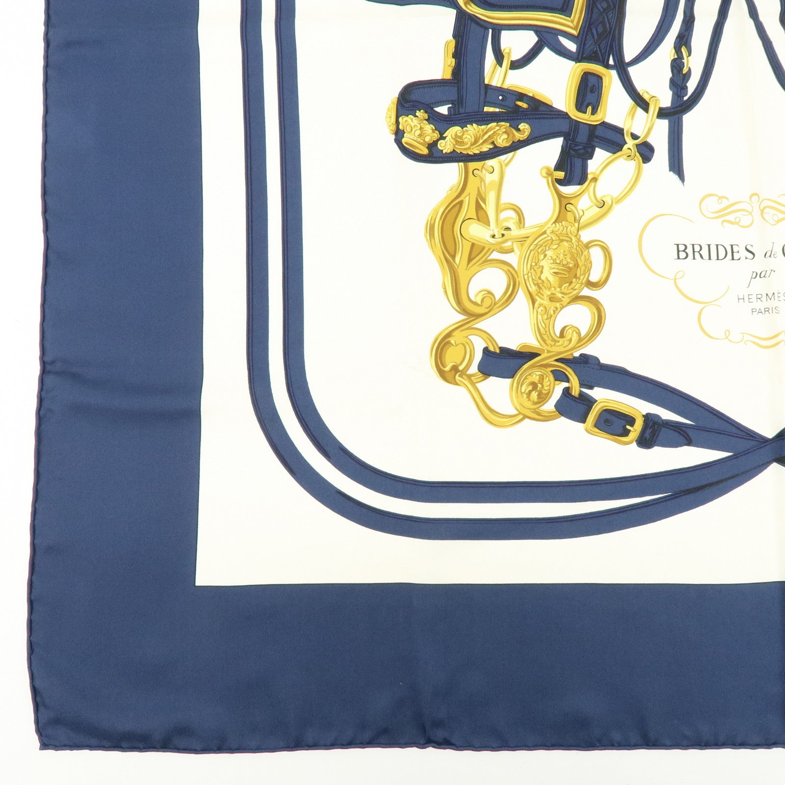 HERMES Carre 90 Silk 100% Scarf BRIDES DE GALA Navy White Gold