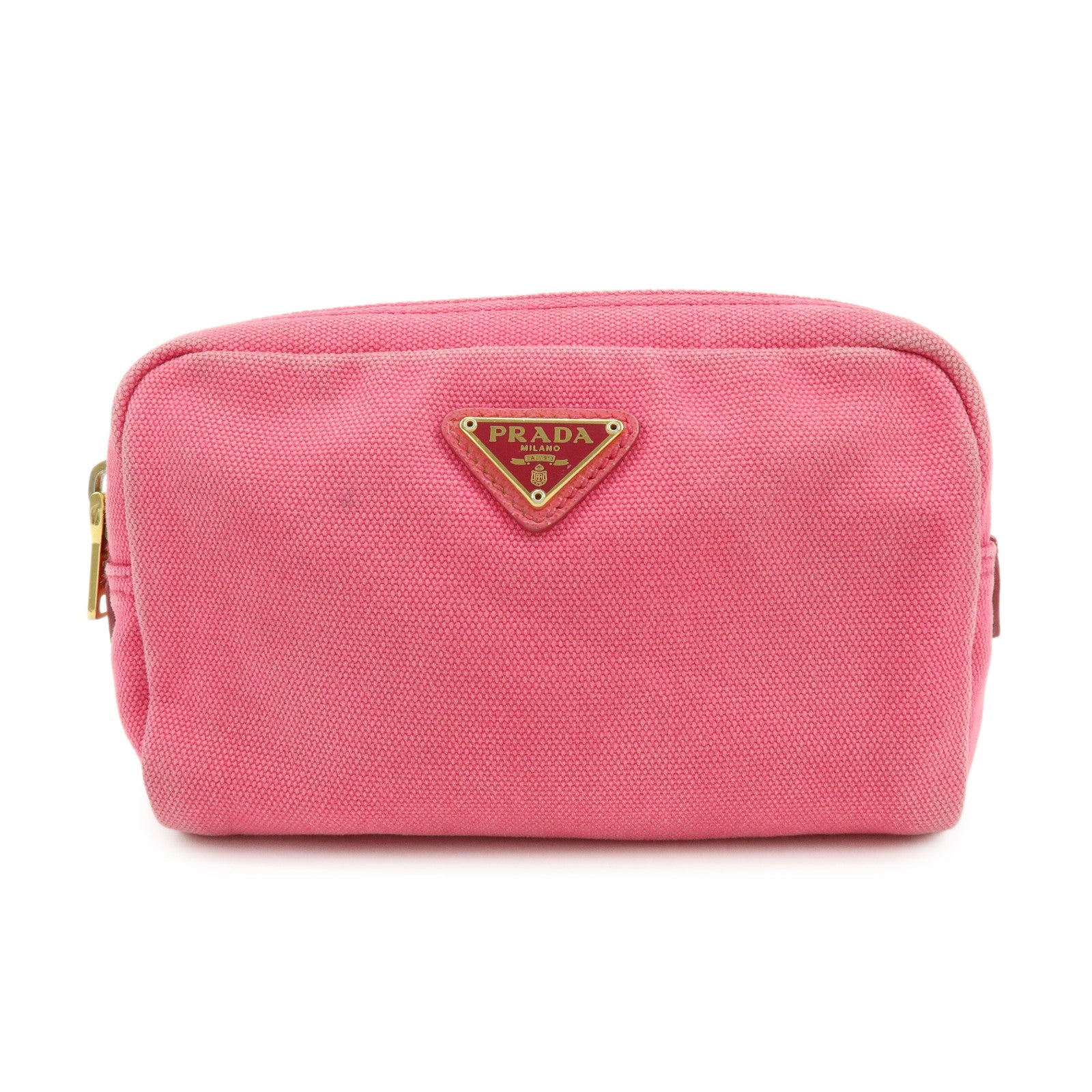 PRADA Triangle Logo Canvas Leather Pouch Cosmetic Pouch Pink