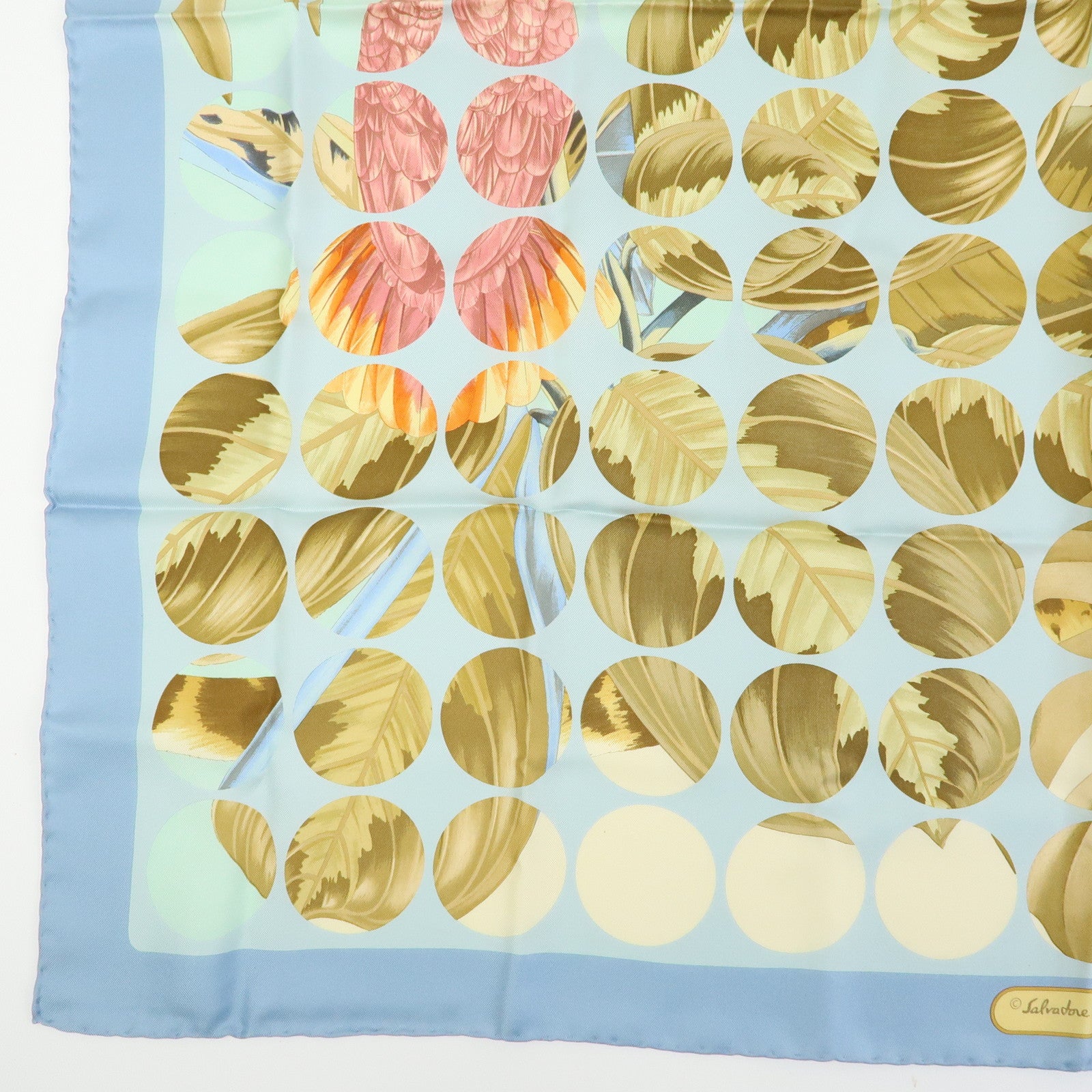 Ferragamo Silk 100% Scarf Leopard Bird Floral Print Light Blue Brown