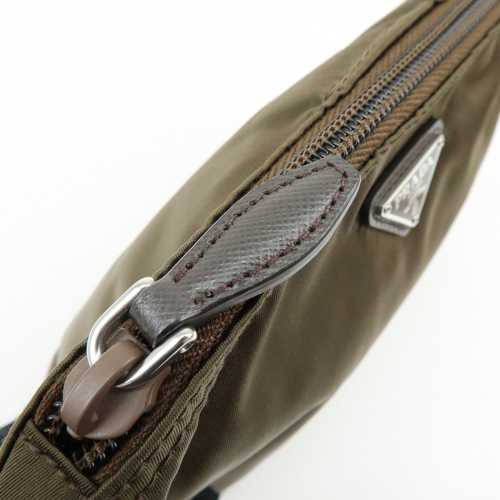 PRADA Triangle Logo Nylon Leather Pouch Cosmetic Makeup Bag Khaki
