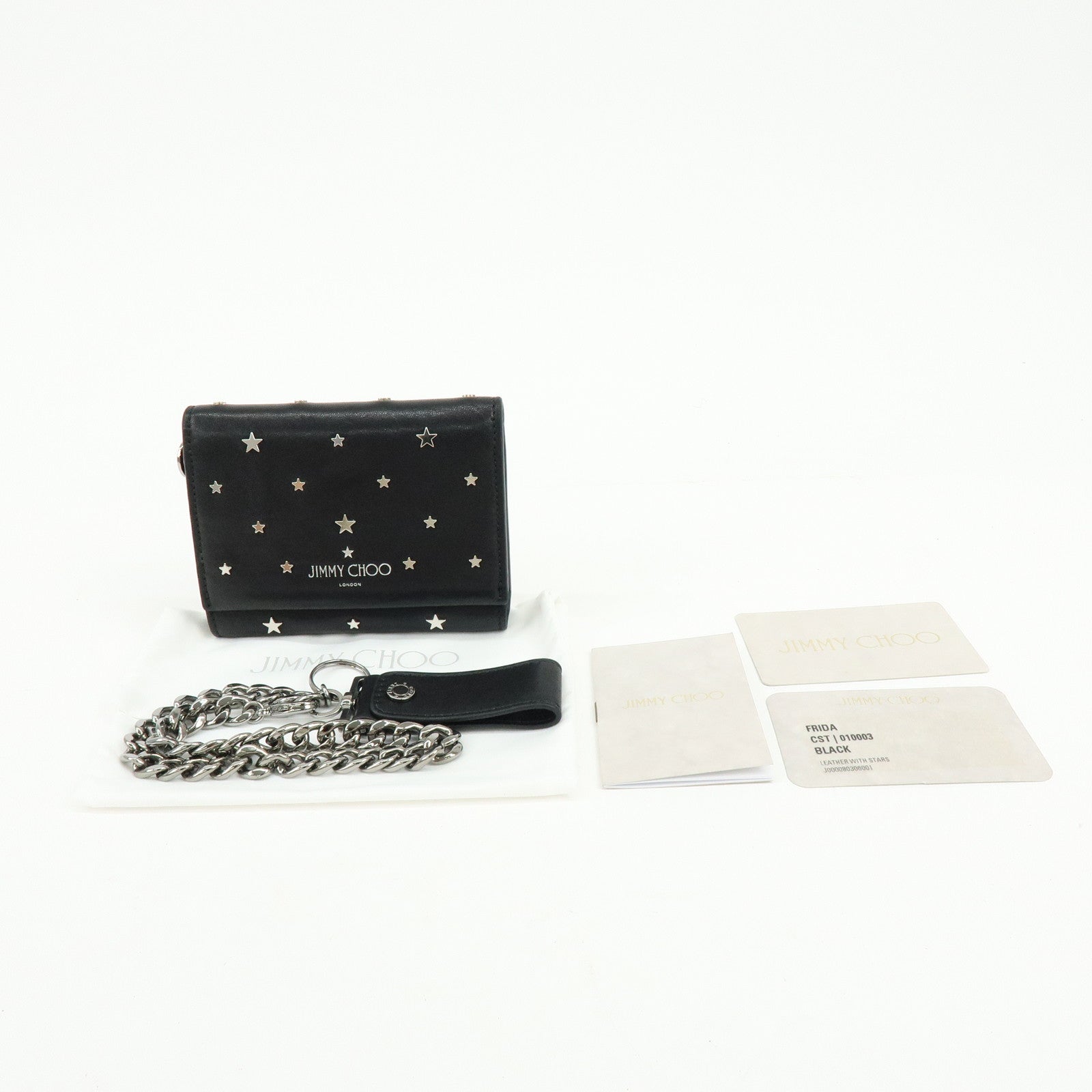 Jimmy Choo Leather Tri-fold Chain Wallet Studs Stars Black