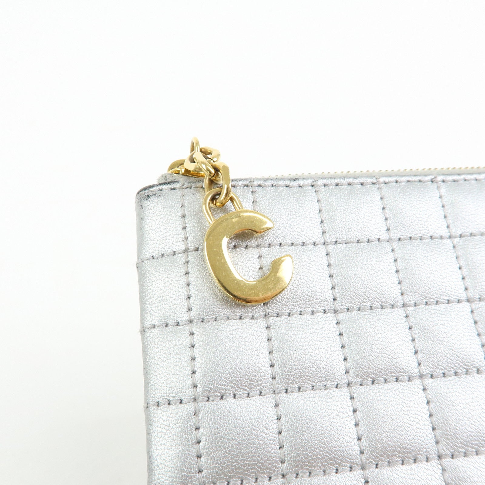 CELINE Leather C Charm Coin Case Coin Purse Metallic Silver