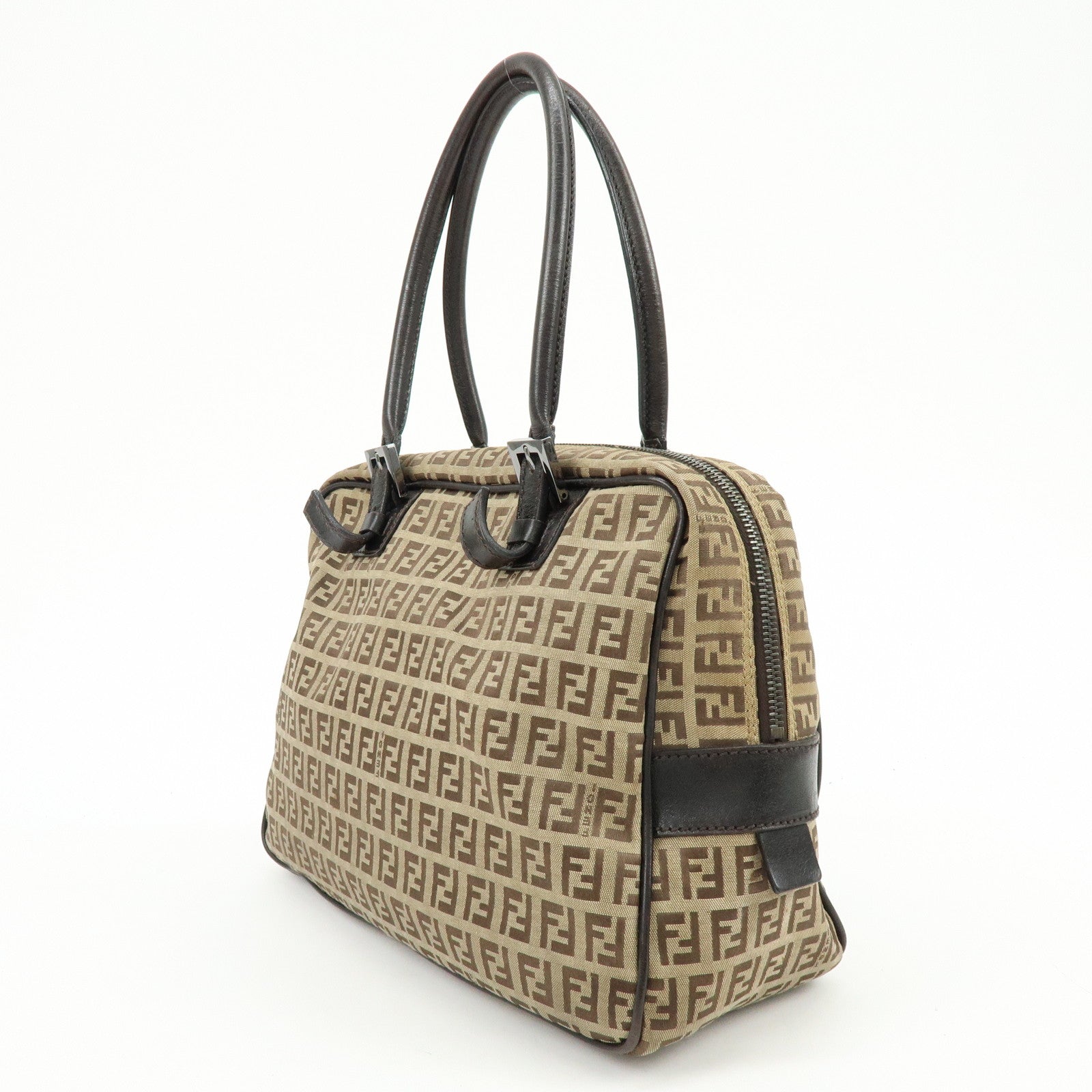 FENDI Zucchino Canvas Leather Boston Bag Shoulder Bag Beige 8BN005