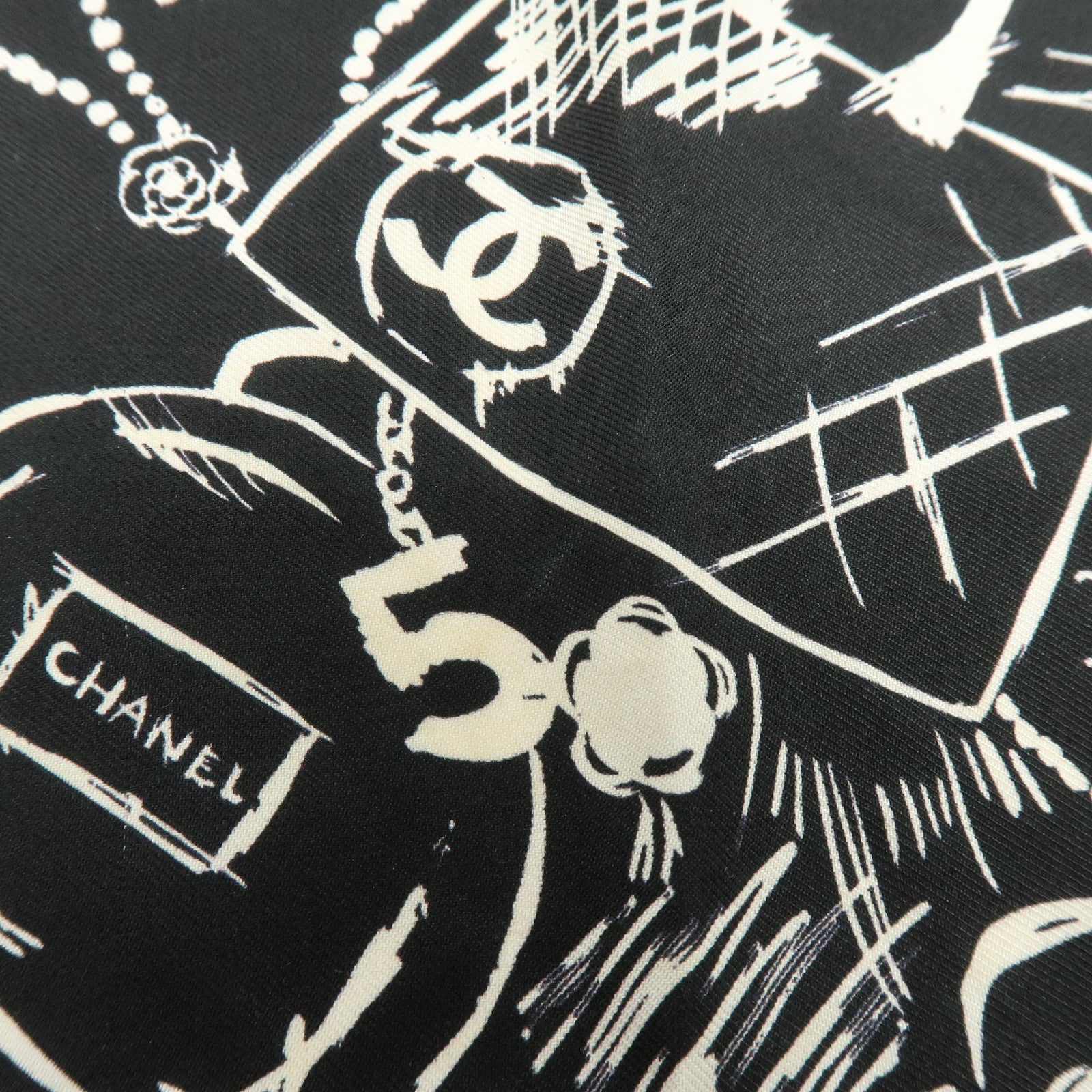 CHANEL Silk 100% Scarf Iconographic Pattern Black White Pink