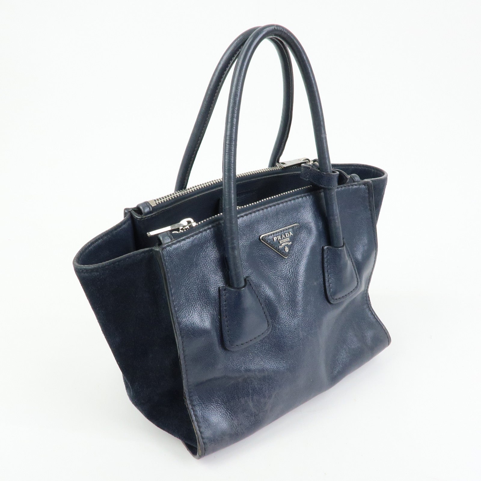 PRADA Triangle Logo Leather 2Way Bag Tote Bag Hand Bag Navy B2625M