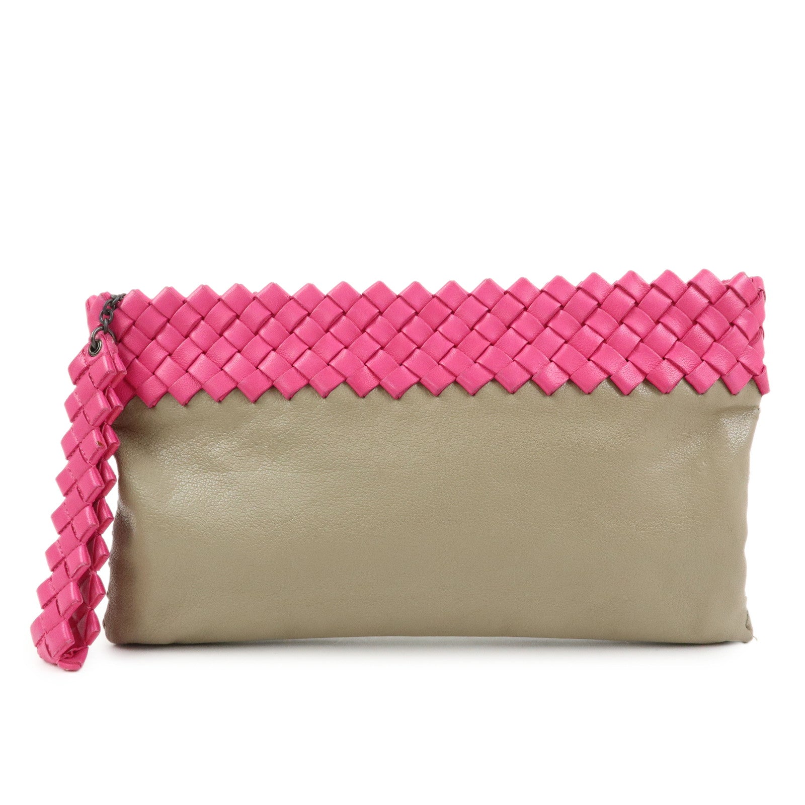 Bottega Veneta Intrecciato Leather Clutch Bag Flat Pouch Beige Pink