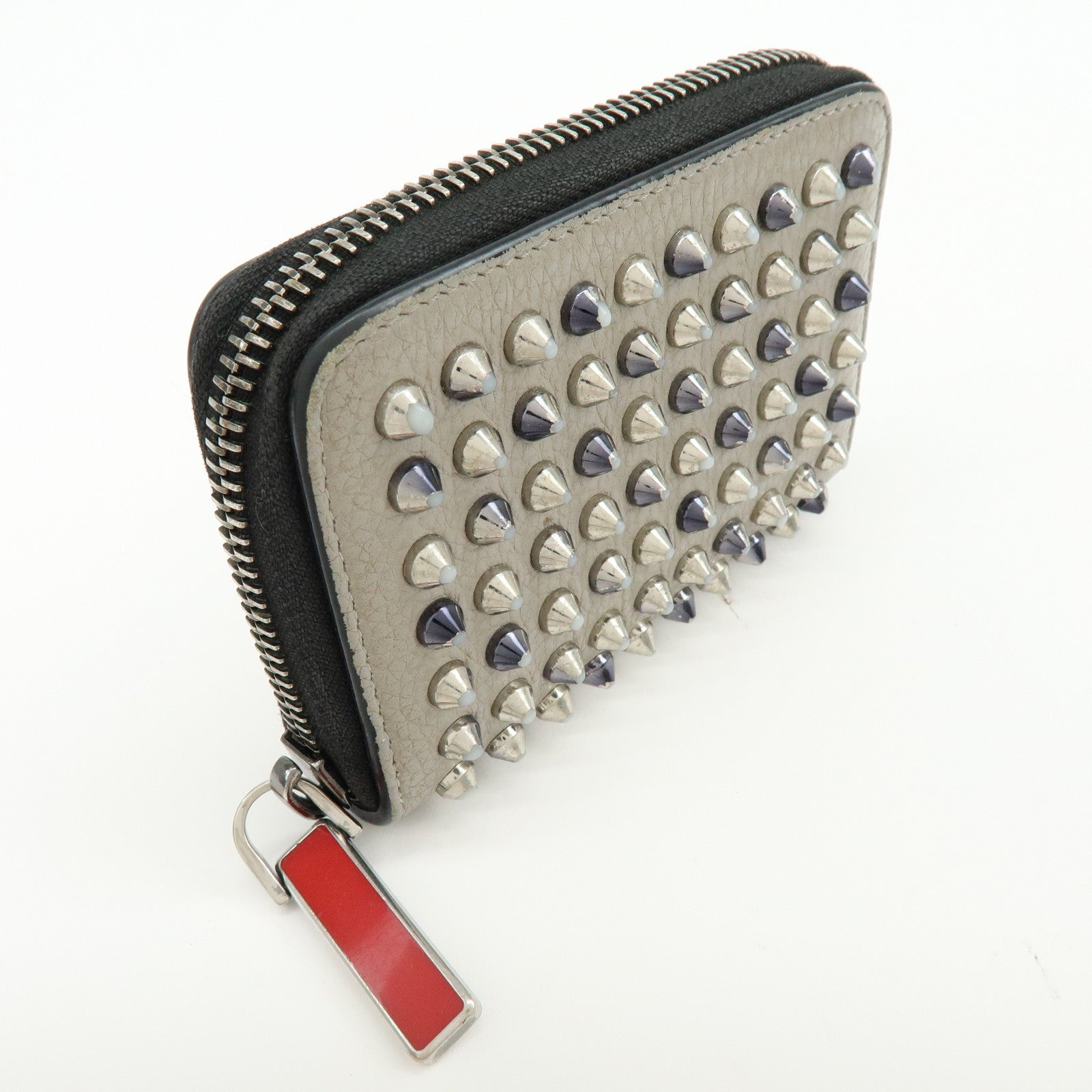 Christian Louboutin Leather Coin Case Coin Purse Studs Beige Black