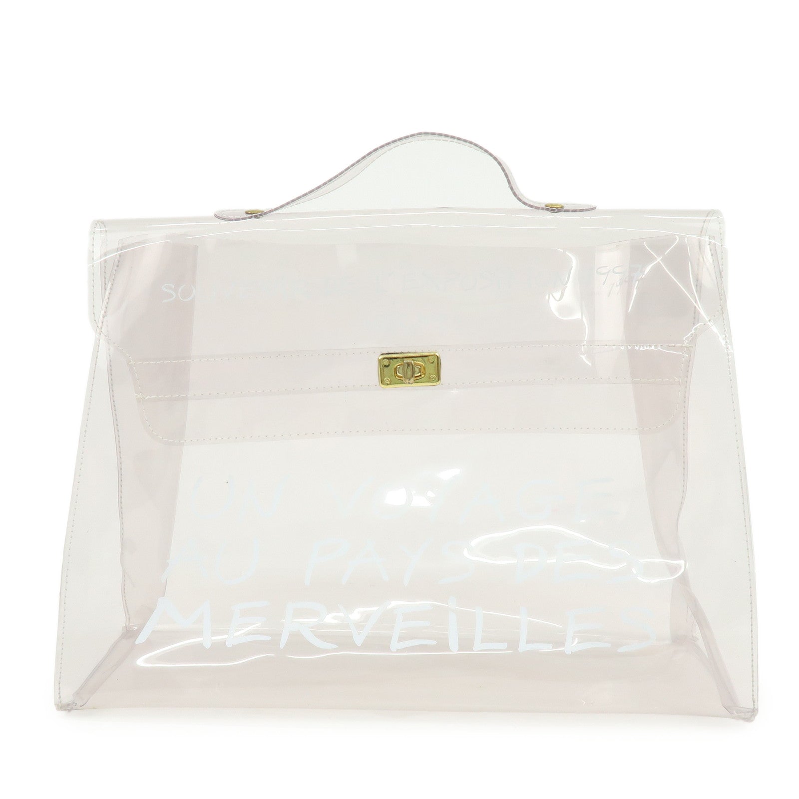 HERMES Kelly Vinyl Hand Bag Clear Transparent Gold