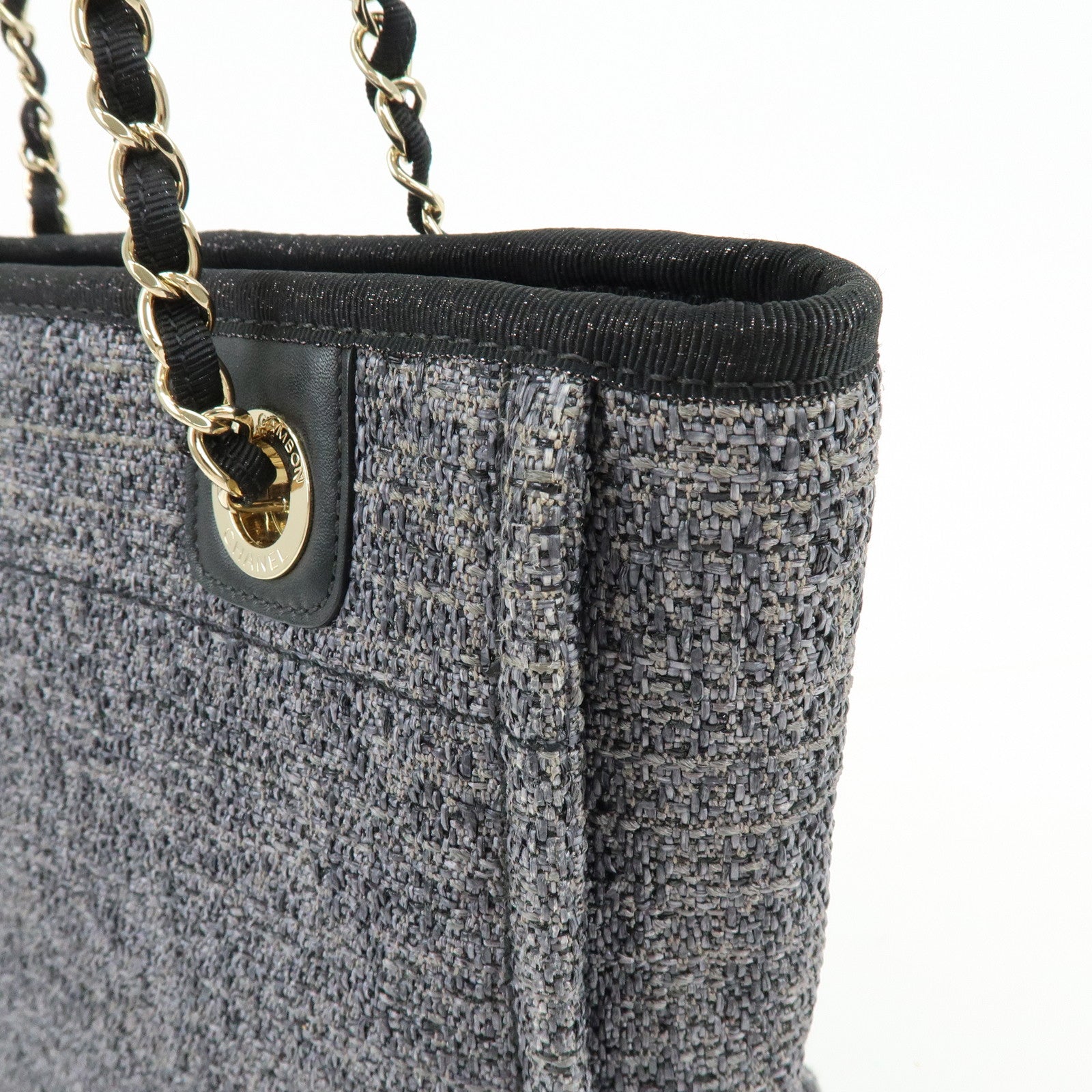 CHANEL Deauville PM Raffia Calf Leather Chain Tote Bag Black A66939