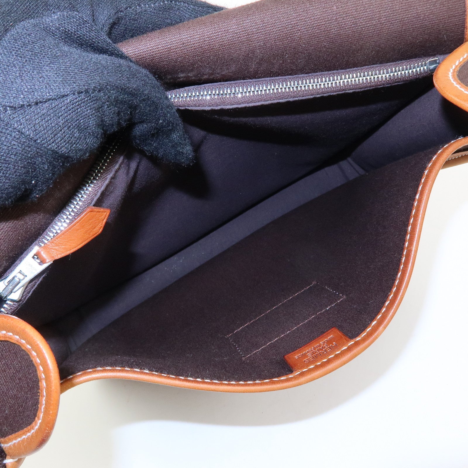 HERMES Buenaventura PM Toile Officier Leather Shoulder Bag Dark Brown