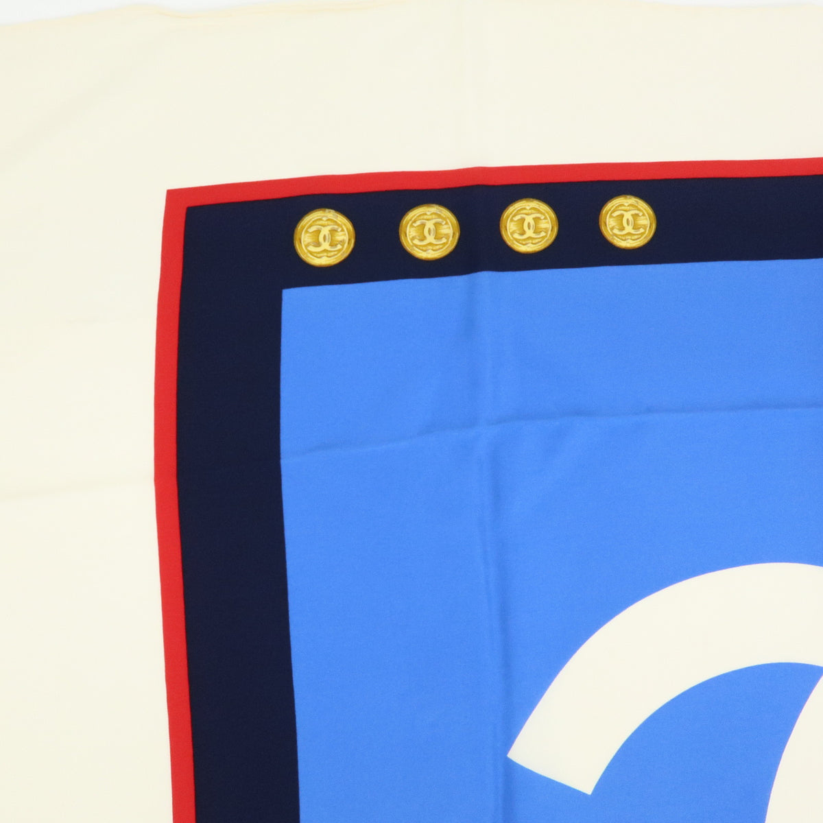 CHANEL COCO Mark Silk 100% Scarf Blue White Navy Red