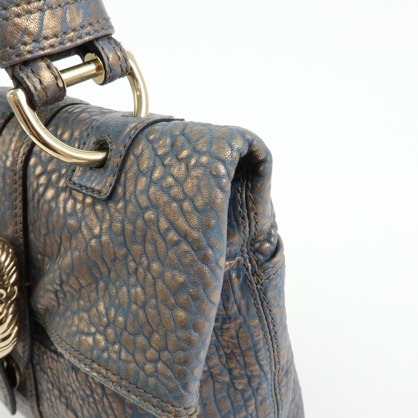 BVLGARI Leoni  Leather Top Handle 2Way Bag Shoulder Bag Blue Bronze