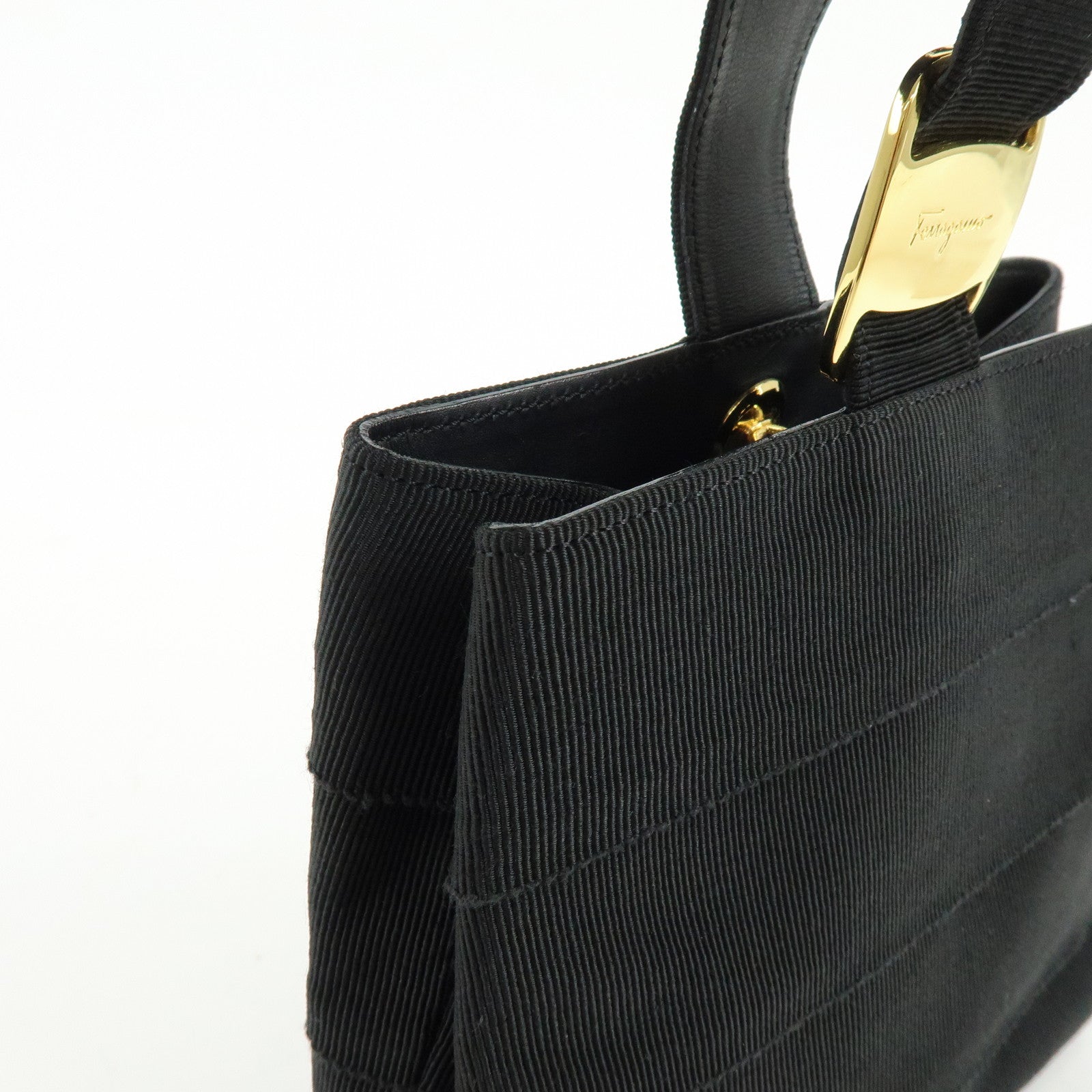 Ferragamo Vara Canvas Leather Tiered Hand Bag Pouch Black