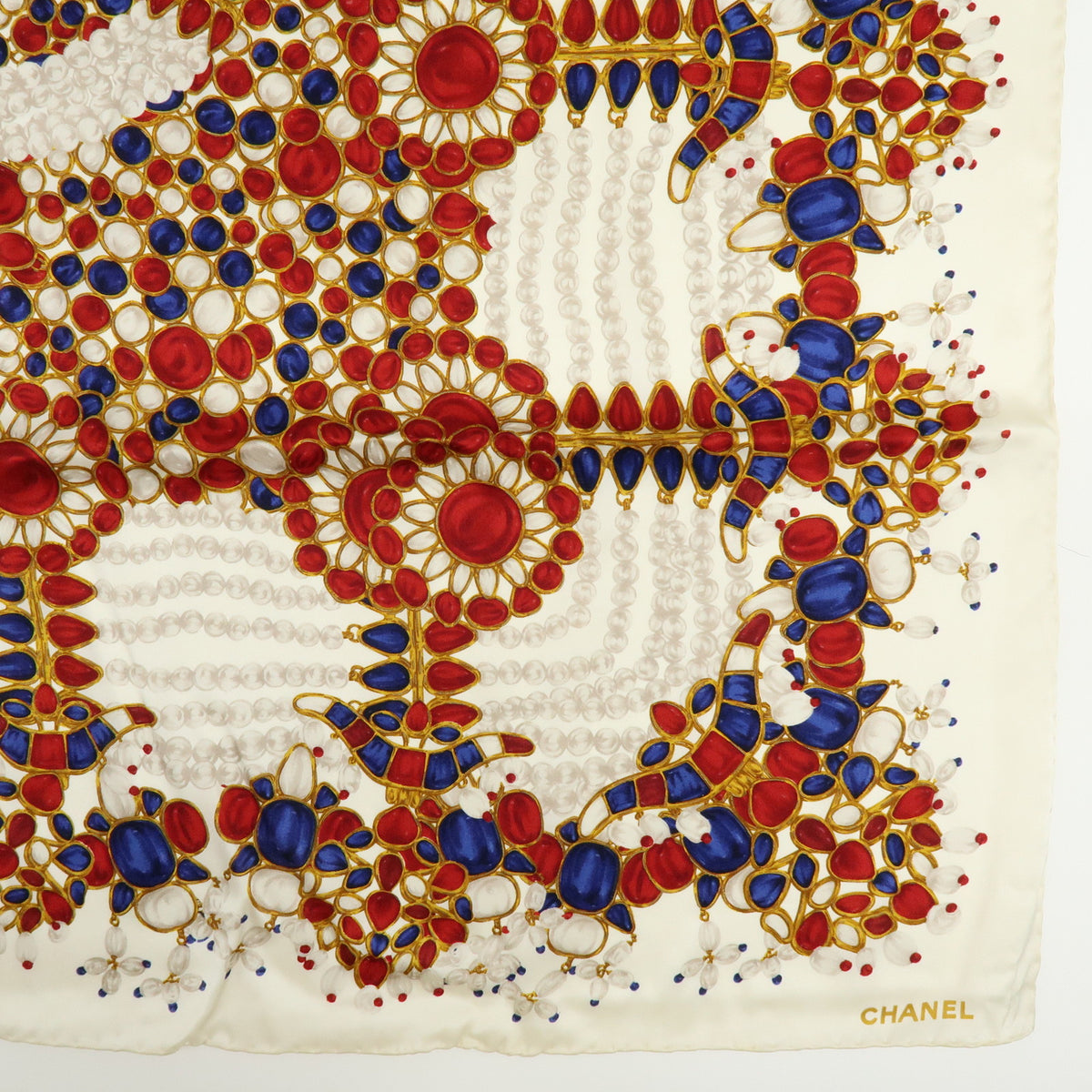 CHANEL COCO Mark Silk 100% Scarf Pearl Jewerly Motif White Red Blue