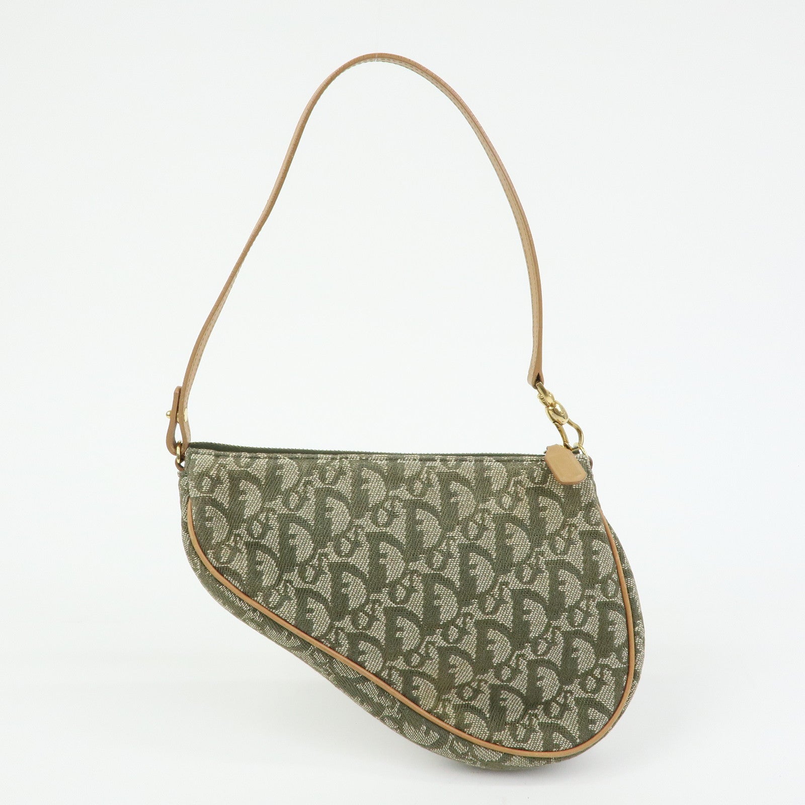 Christian Dior Trotter Saddle Jacquard Canvas Hand Bag Green Beige