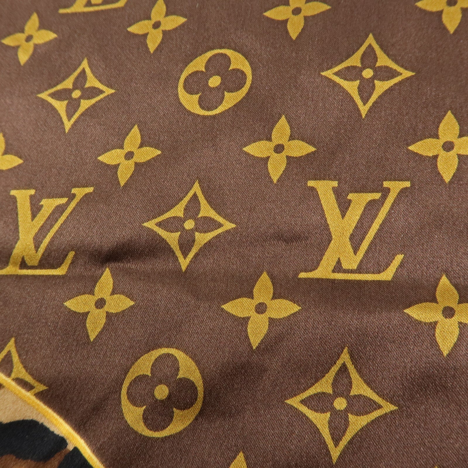 Louis Vuitton Monogram Silk 100% Scarf Shawl Leopard Pattern Brown