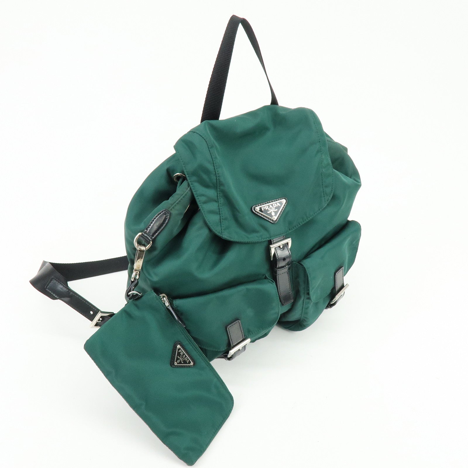 PRADA Triangle Logo Nylon Leather Backpack Rucksack Green Black 1BZ811