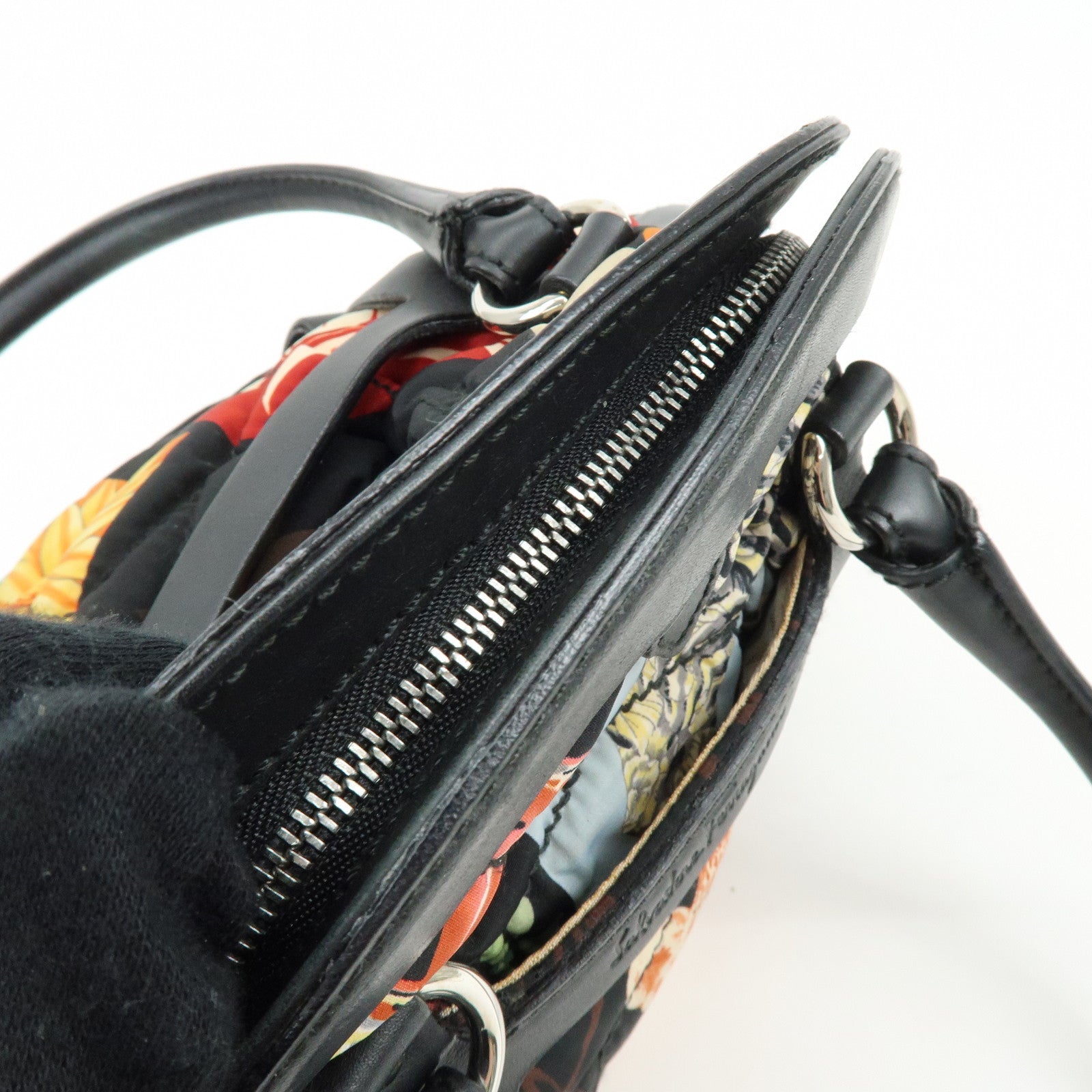 Ferragamo Nylon Quilting Leather Hand Bag Animalier Black Multicolor