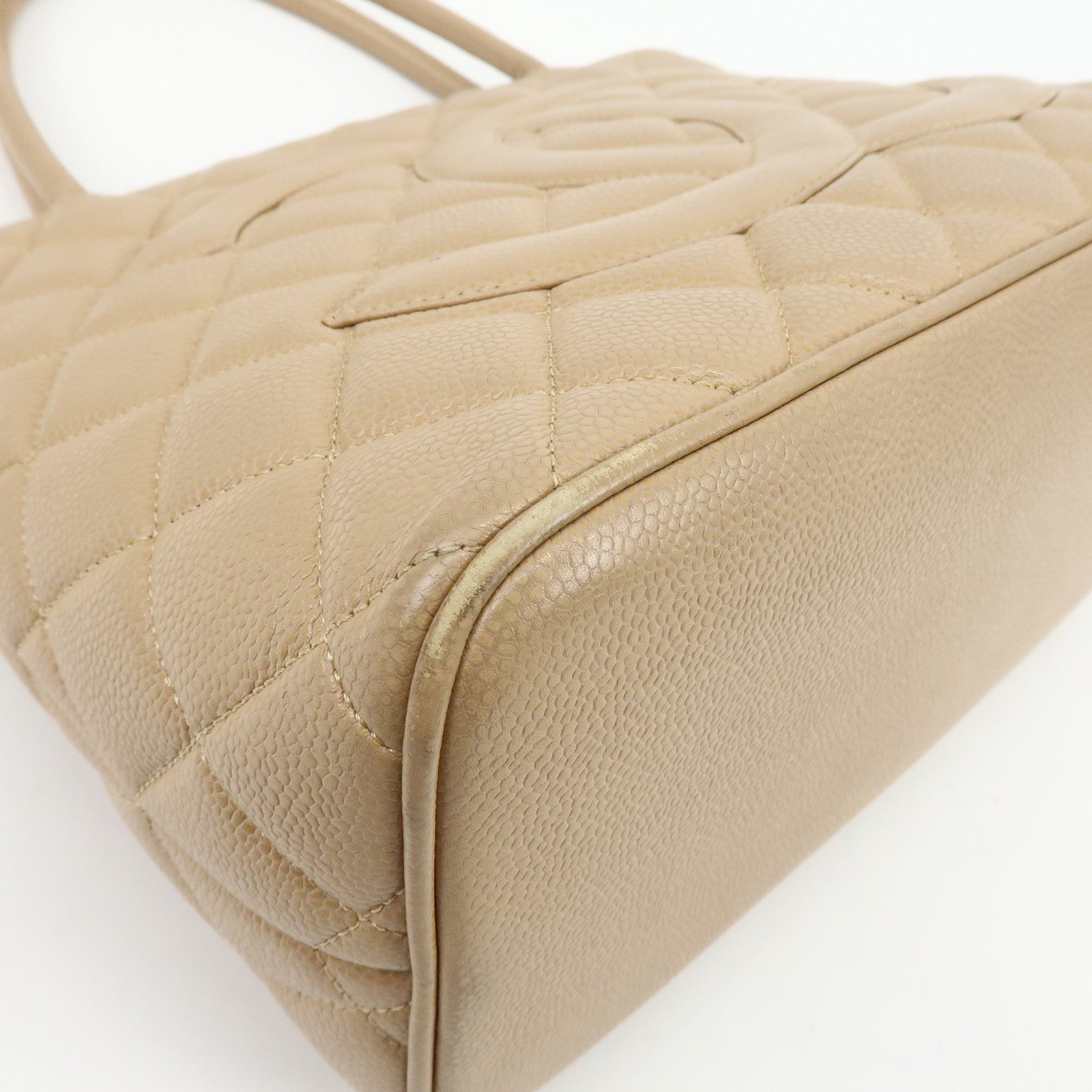 CHANEL Matelasse COCO Mark Caviarskin Medallion Tote Bag Beige A01804
