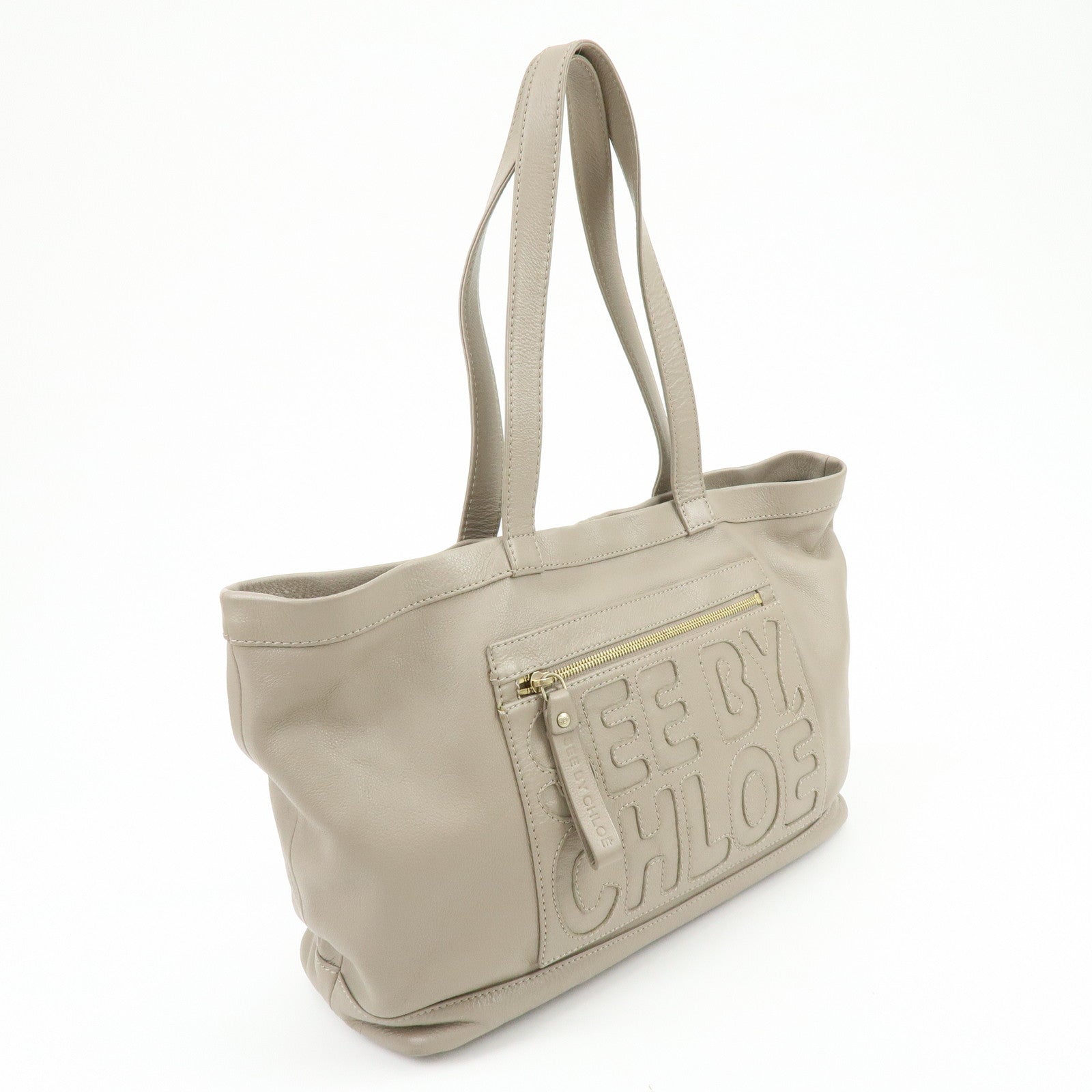 Chloe See By Chloe Leather Tote Bag Hand Bag Shoulder Bag Greige