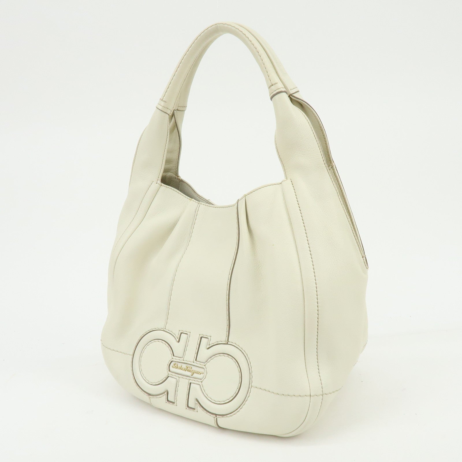 Ferragamo Gancini Leather Shoulder Bag Hand Bag Ivory