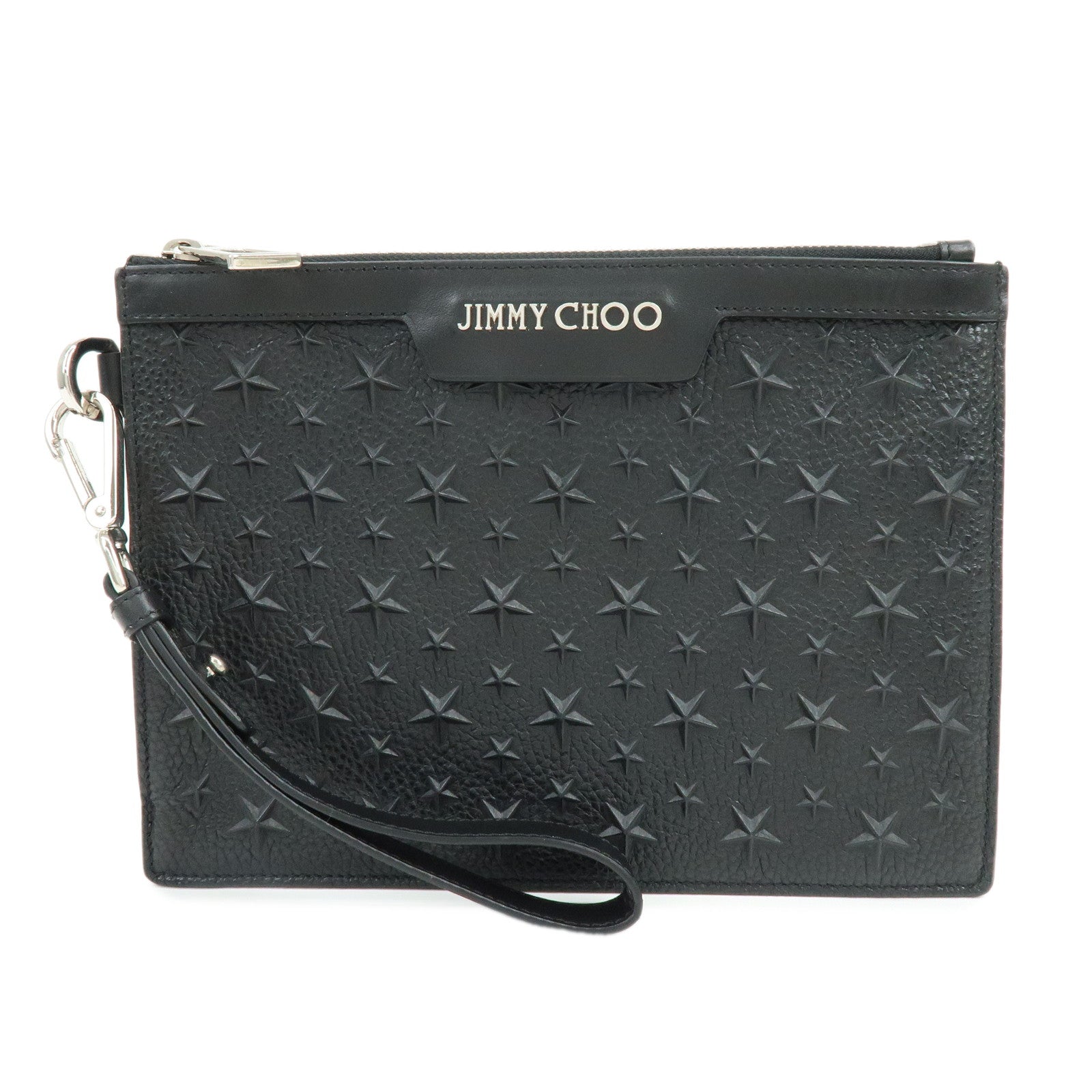 JIMMY CHOO Leather Star Embossed Studs Clutch Bag  Wristlet Pouch Black
