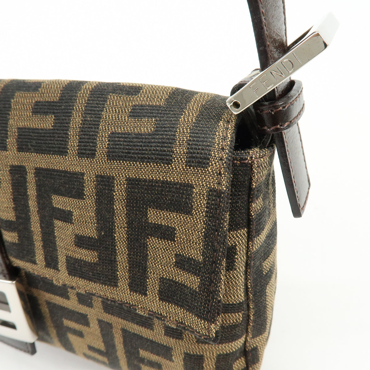 FENDI Mamma Baguette Jacquard Canvas Leather Shoulder Bag Brown 26424