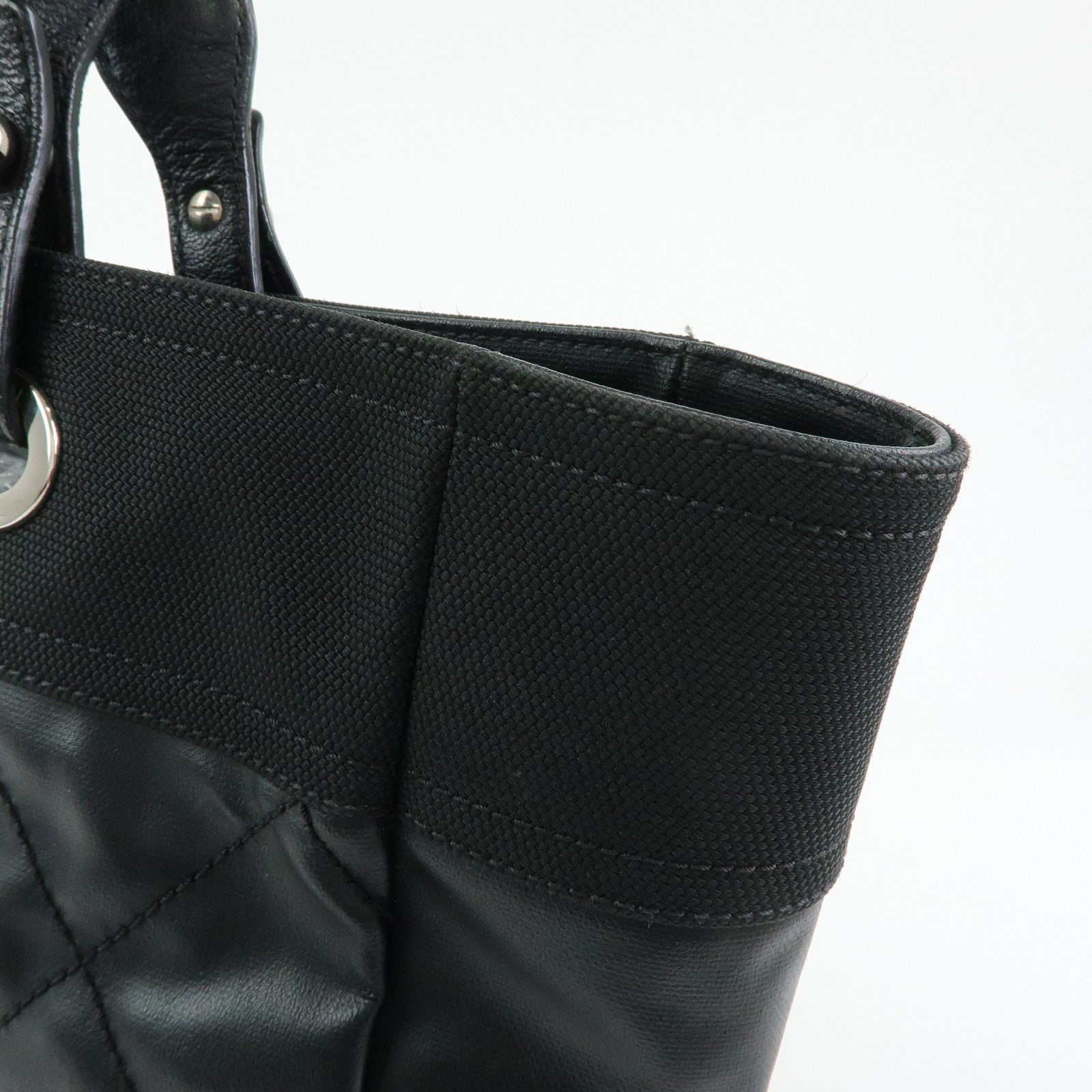 CHANEL Paris Biarritz MM Leather Canvas Tote Bag Hand Bag Black A34209