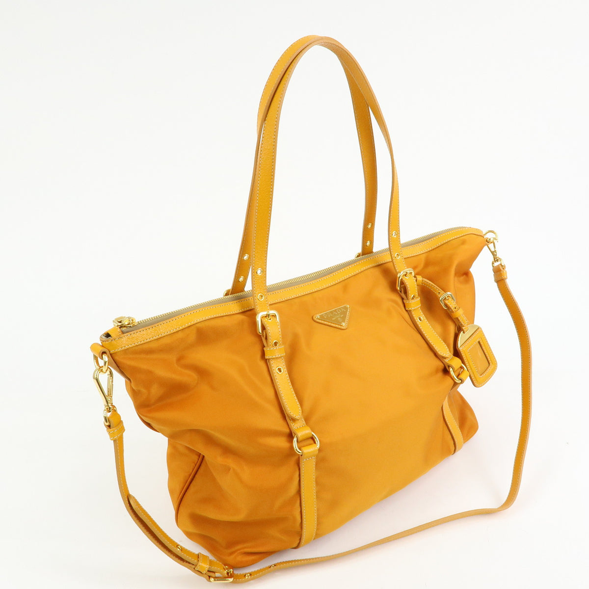 PRADA Triangle Logo Nylon Leather Tote Bag Shoulder Bag Orange BR4253