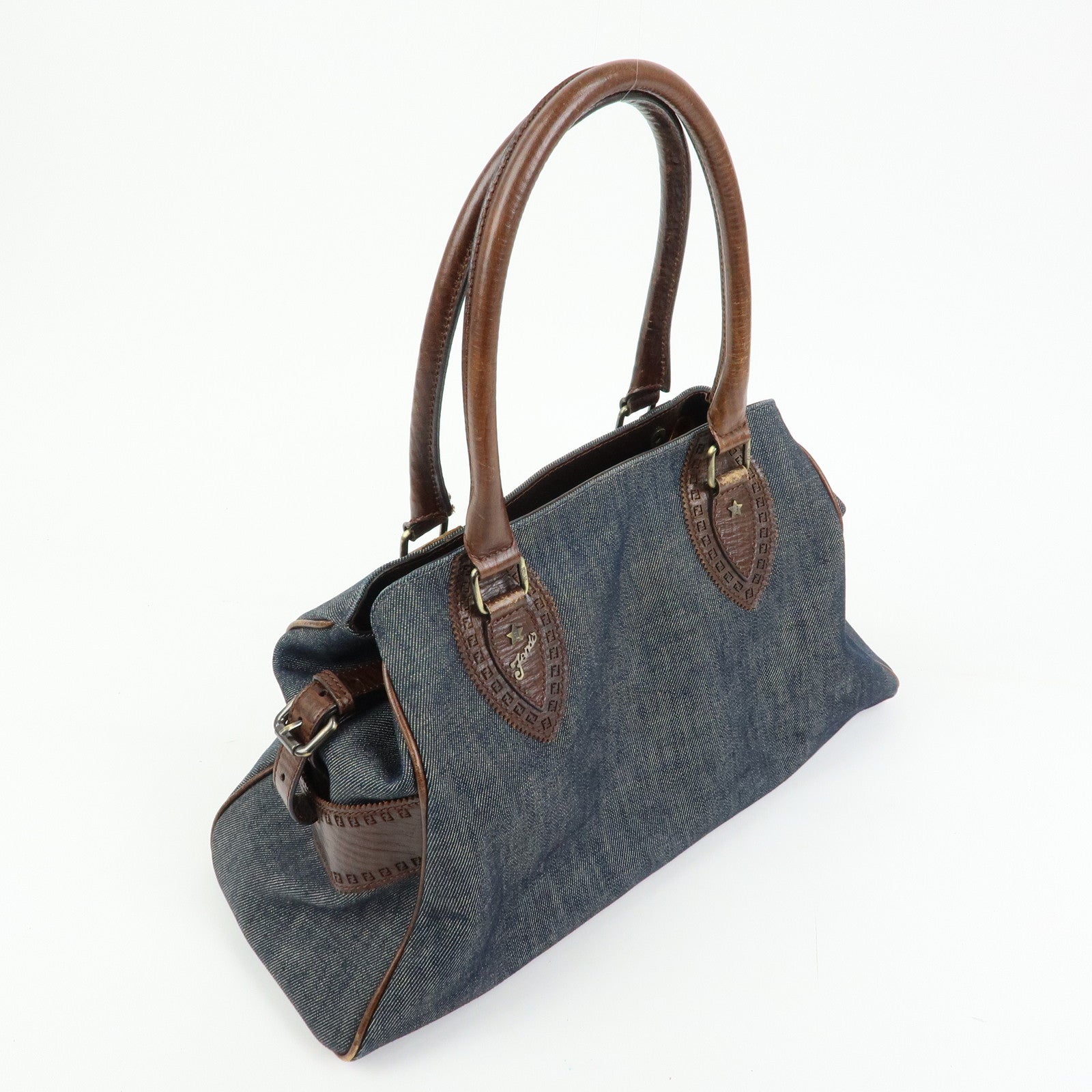 FENDI Etnico Leather Denim Tote Bag Shoulder Bag Brown Blue 8BN162