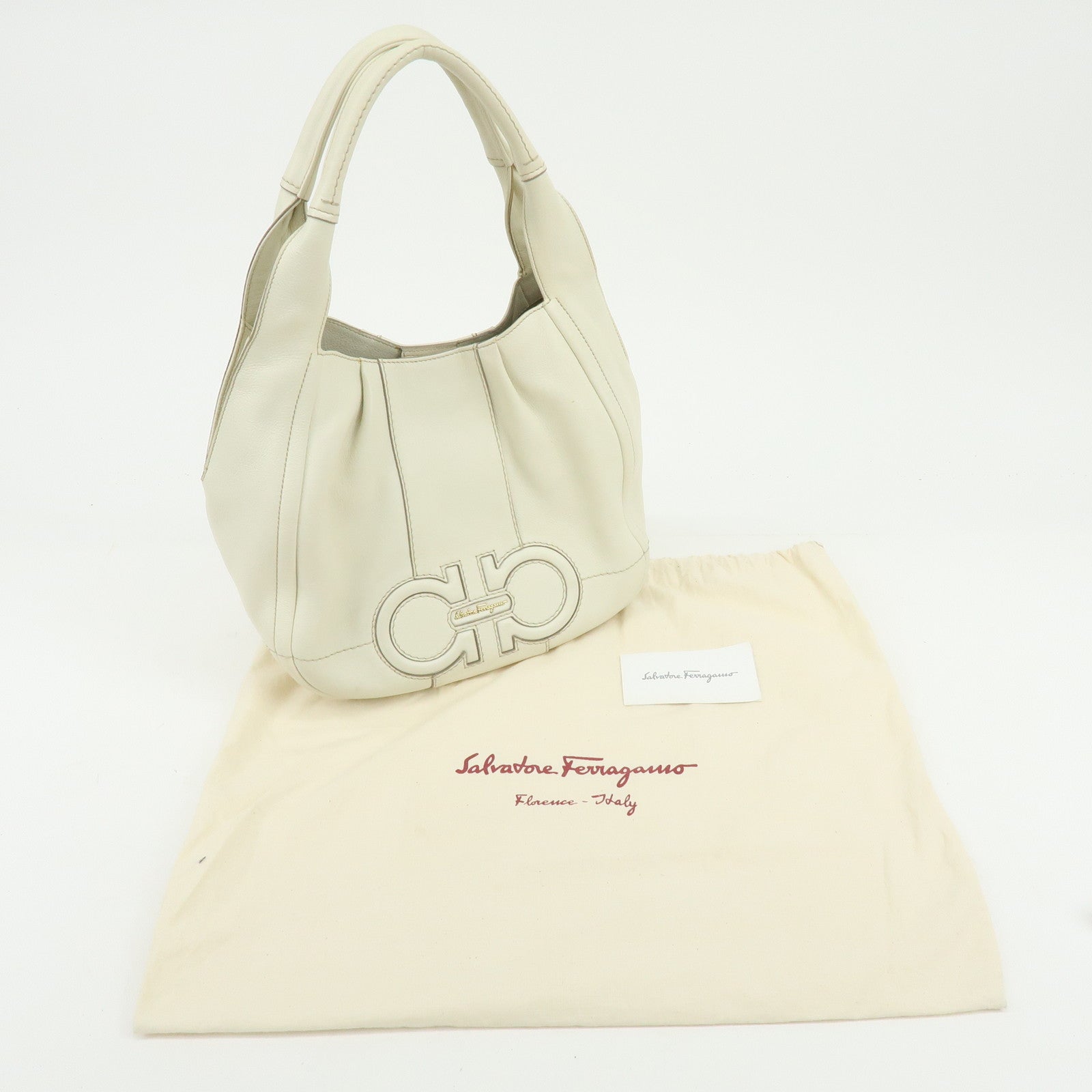 Ferragamo Gancini Leather Shoulder Bag Hand Bag Ivory