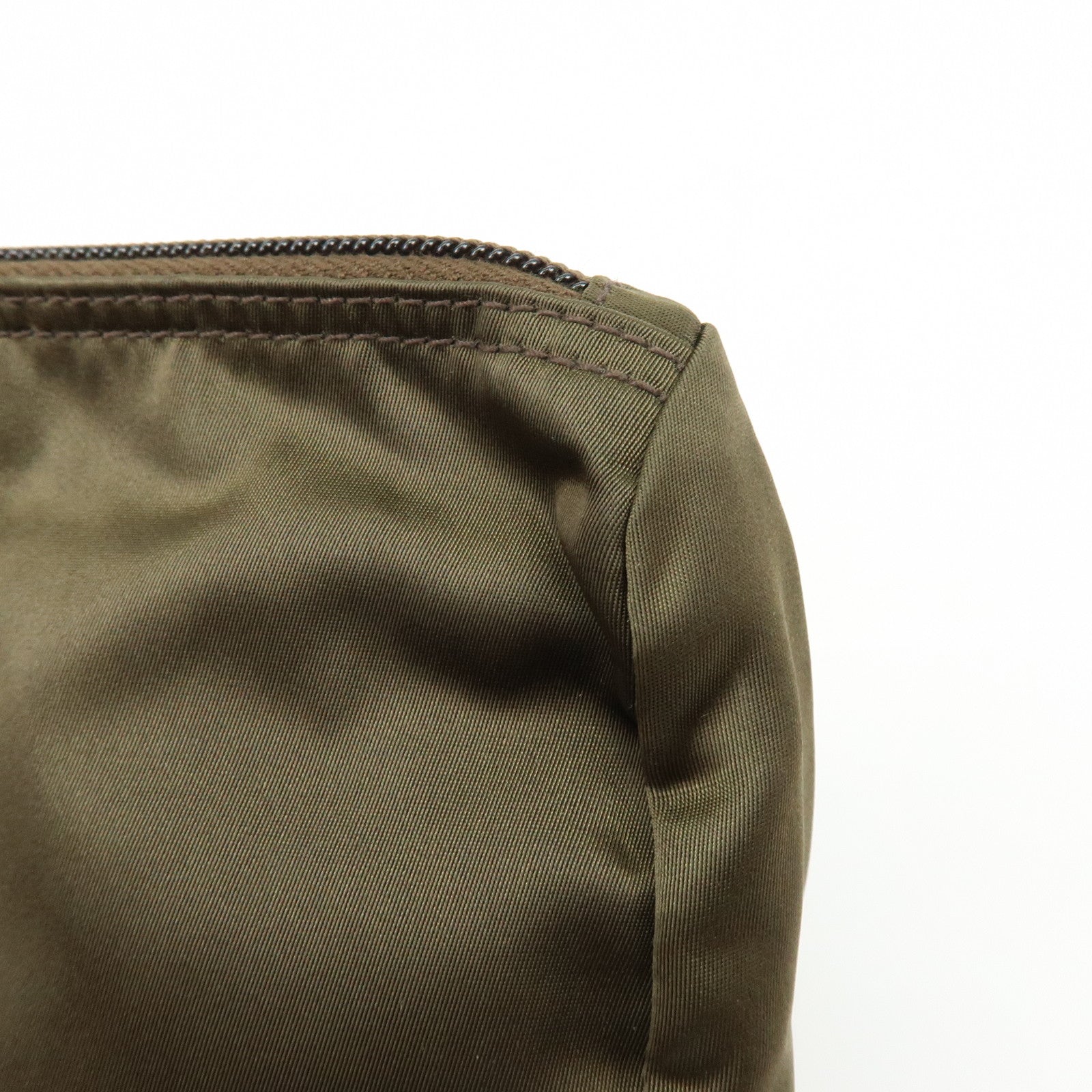 PRADA Triangle Logo Nylon Leather Pouch Cosmetic Makeup Bag Khaki