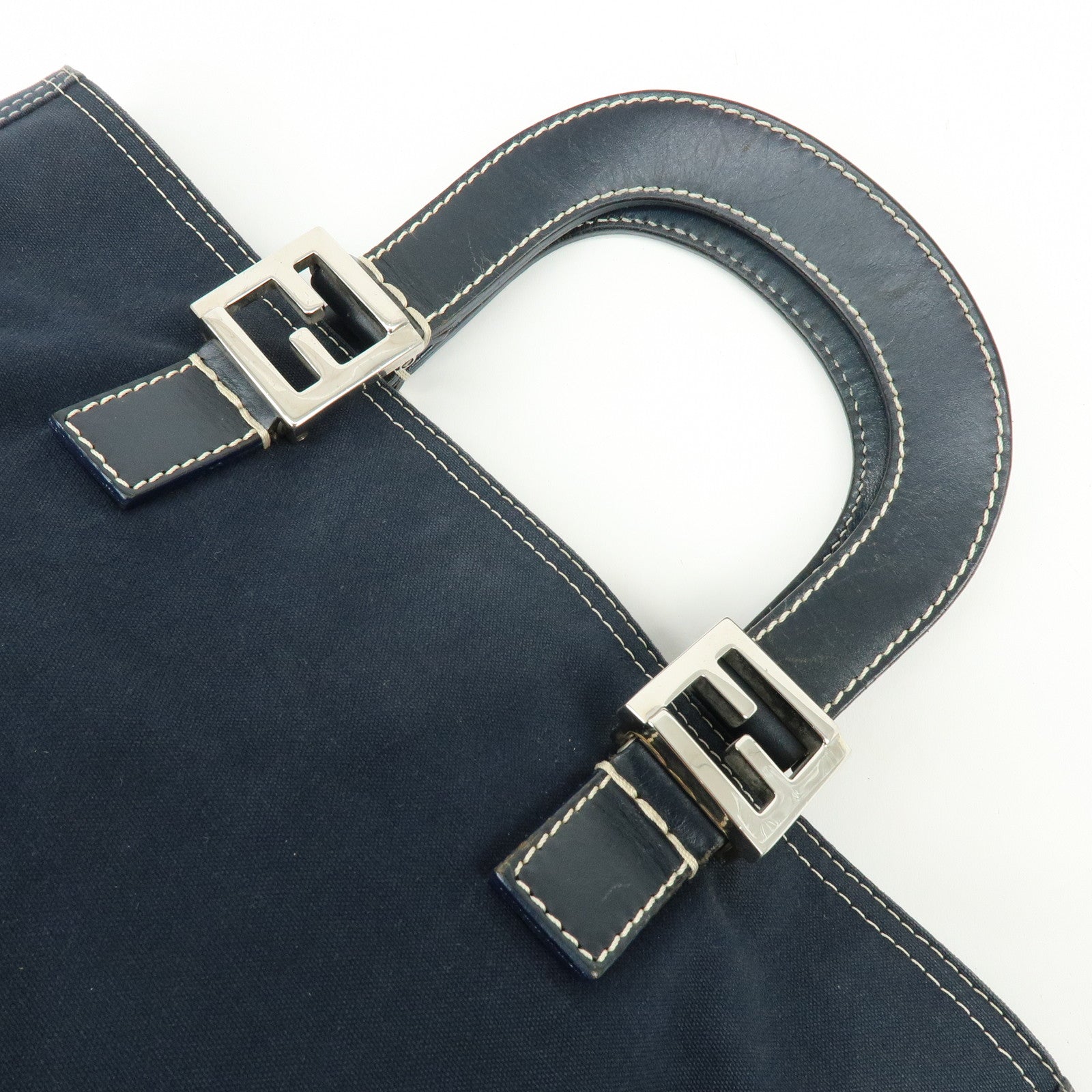 FENDI Canvas Leather Tote Bag Hand Bag White Stitch Navy 26693