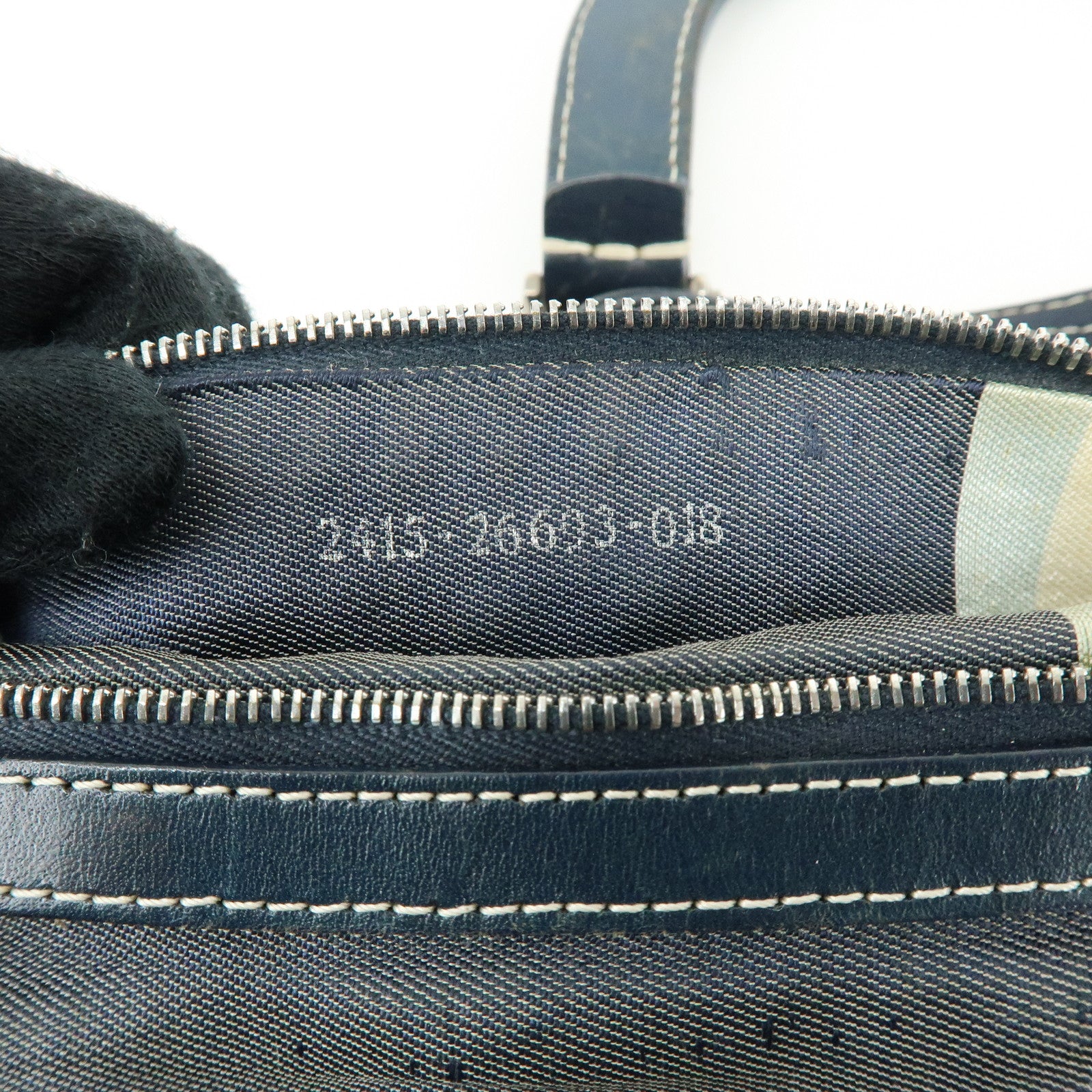 FENDI Canvas Leather Tote Bag Hand Bag White Stitch Navy 26693