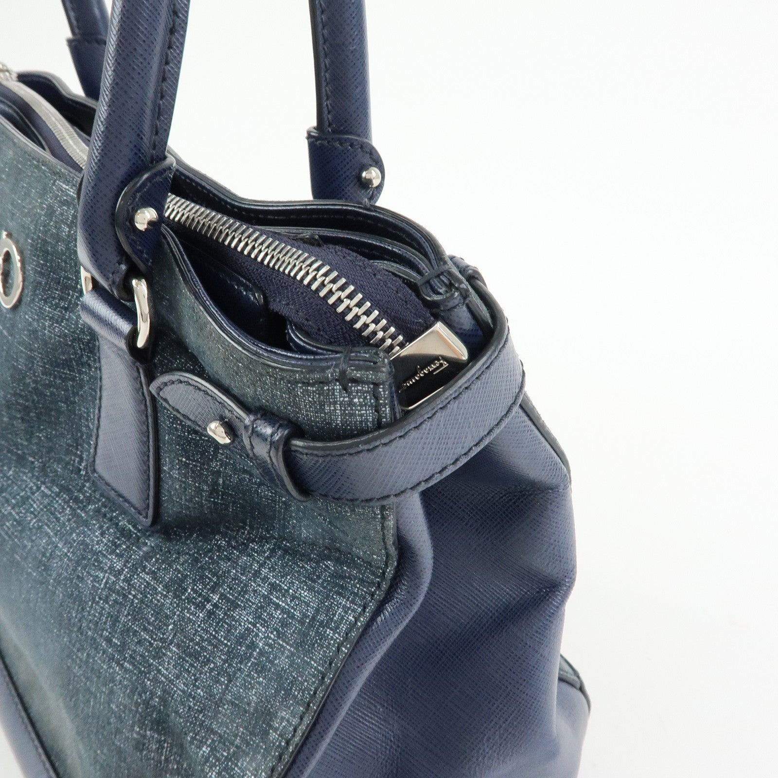 Ferragamo Gancini Canvas Leather 2Way Bag Hand Bag Navy