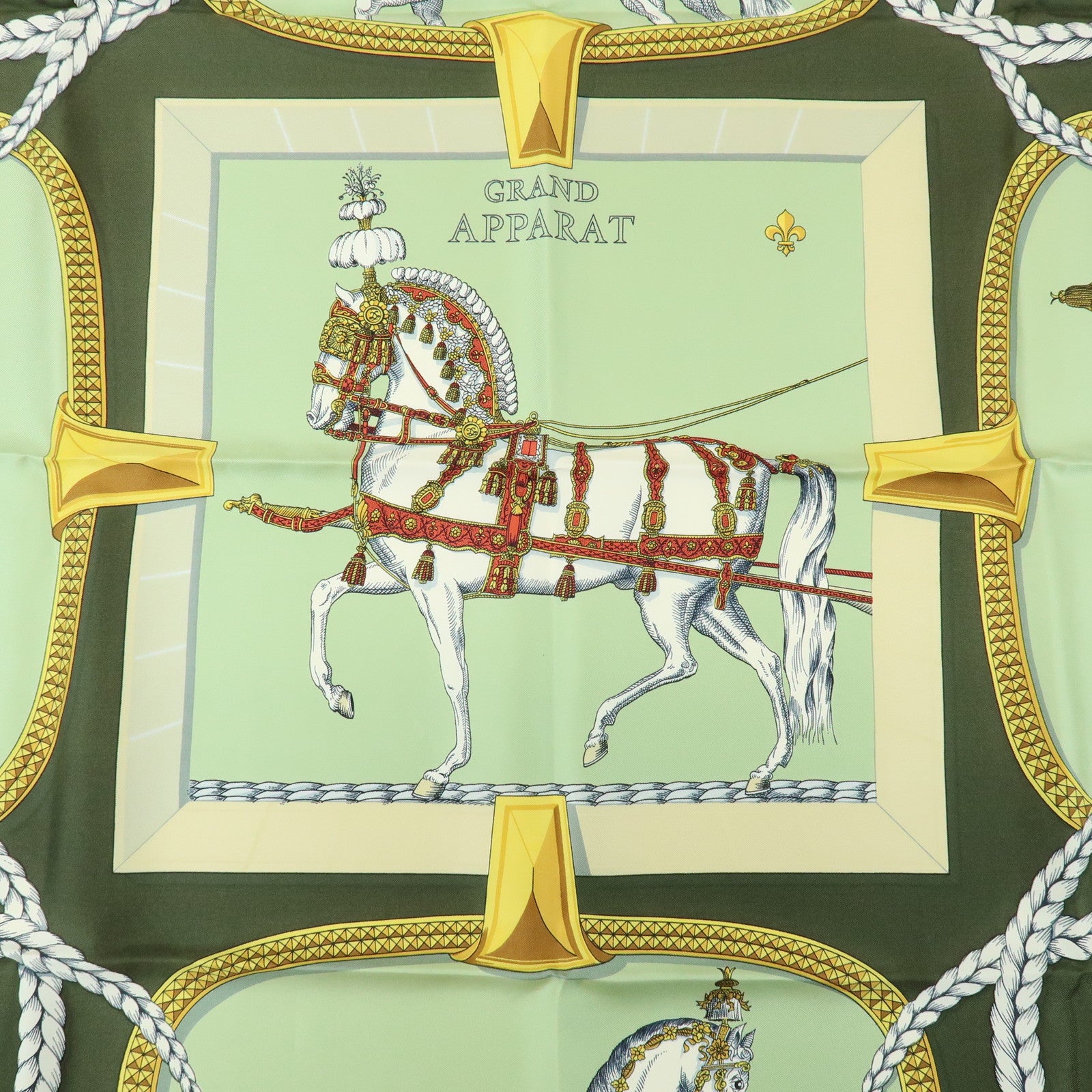 HERMES Carre 90 Silk 100% Scarf GRAND APPARAT Khaki Gold Green
