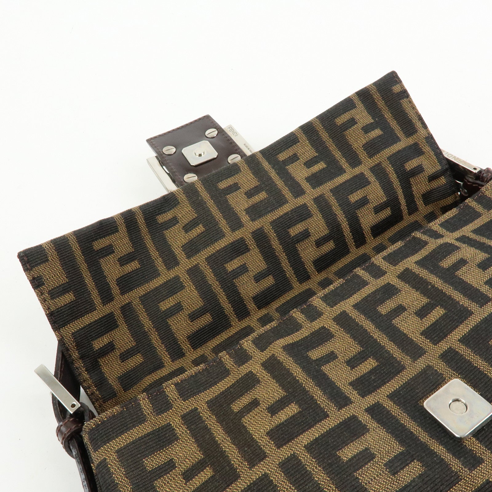 FENDI Mamma Baguette Zucca Canvas Leather Shoulder Bag Brown 26424