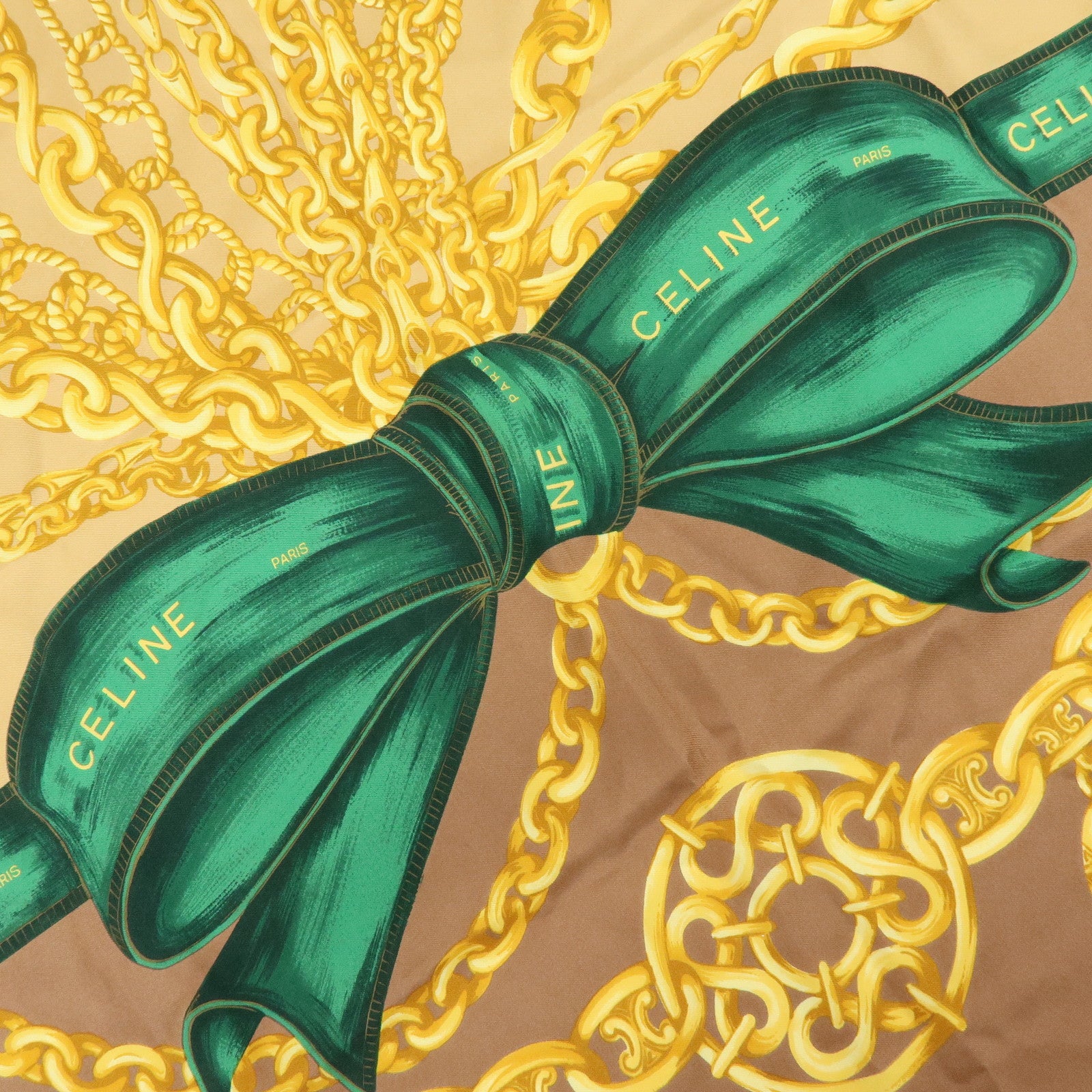 CELINE Silk 100% Scarf Ribbon Chain Brown Green Beige