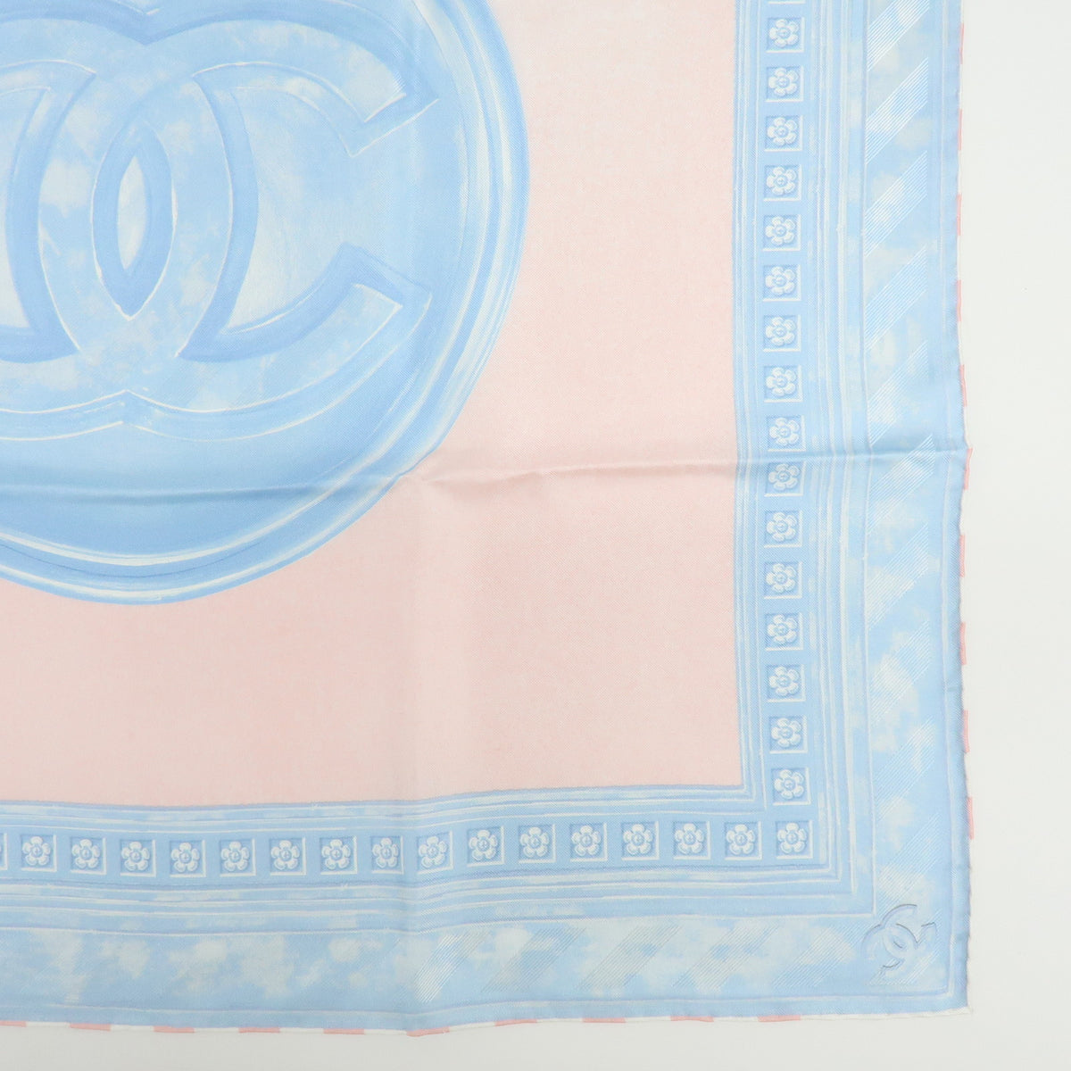CHANEL COCO Mark Silk 100% Scarf Pink Sky Blue White