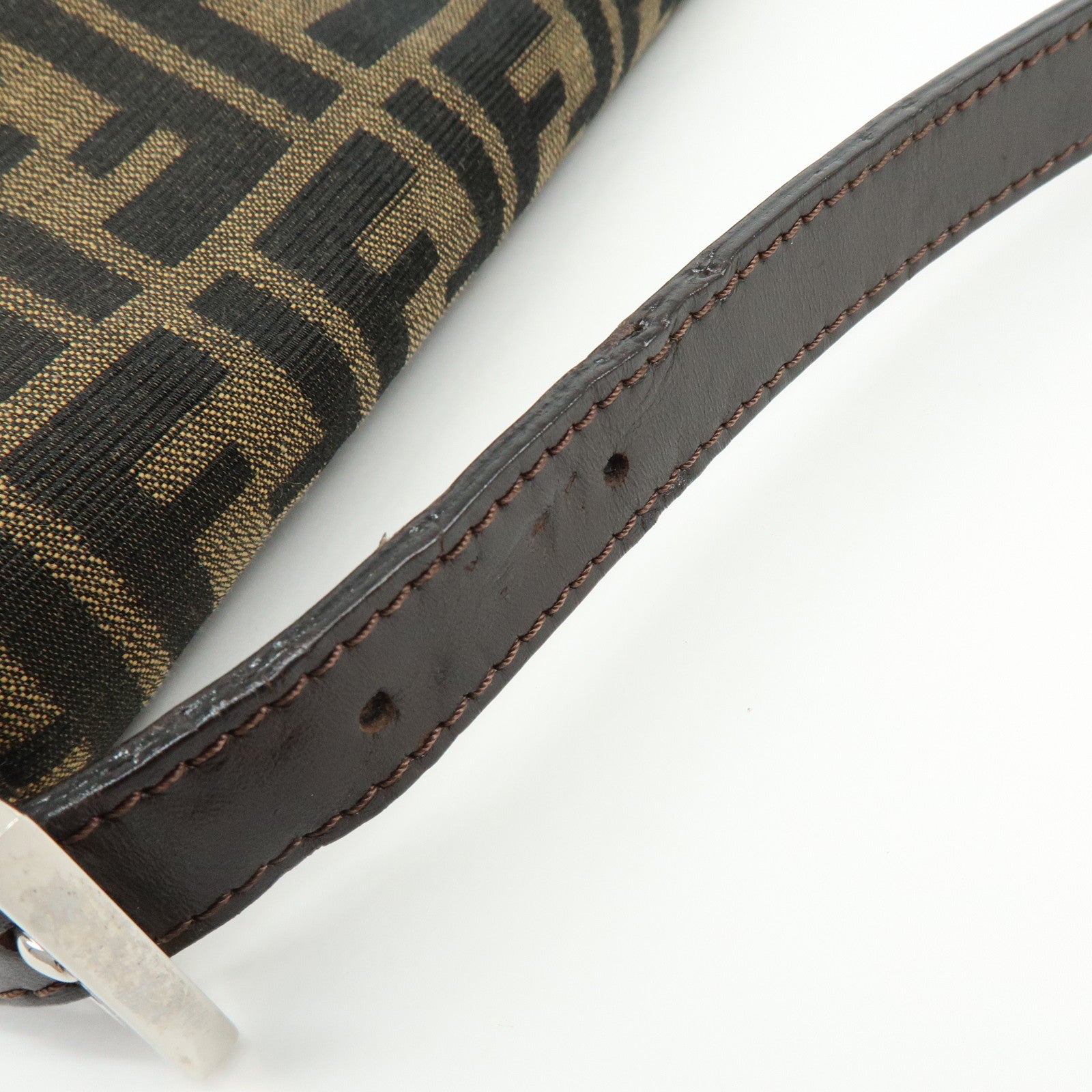 FENDI Mamma Baguette Zucca Canvas Leather Shoulder Bag Brown 26325